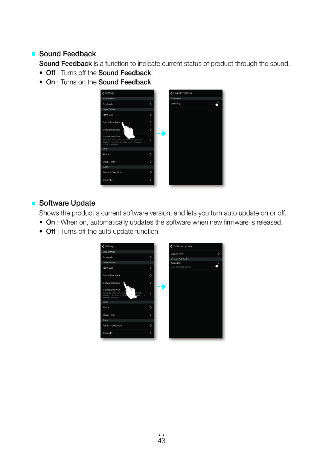 Samsung WAM7500/ZN, WAM6500/ZN, WAM6501/ZN, WAM7501/ZN manual `` Sound Feedback, `` Software Update 