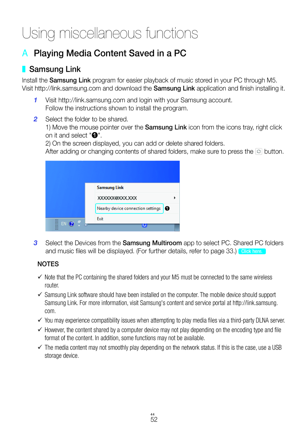 Samsung WAM6500/ZN, WAM6501/ZN manual Using miscellaneous functions, AA Playing Media Content Saved in a PC, Samsung Link 