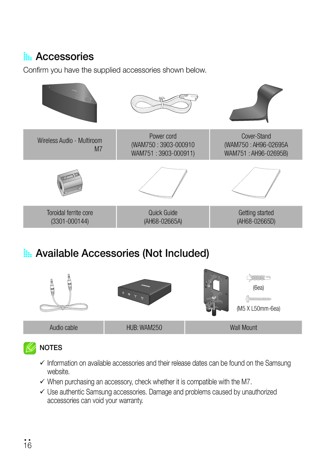 Samsung WAM750 AA Accessories, AA Available Accessories Not Included, Conﬁrm you have the supplied accessories shown below 