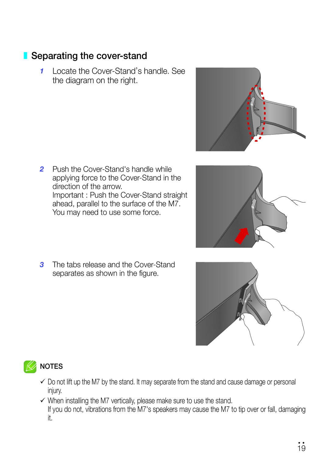 Samsung WAM750 user manual Separating the cover-stand 