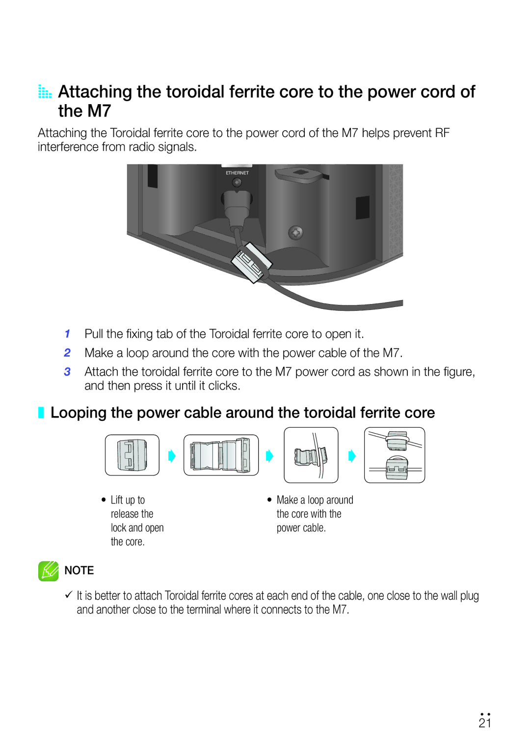 Samsung WAM750 user manual Looping the power cable around the toroidal ferrite core 