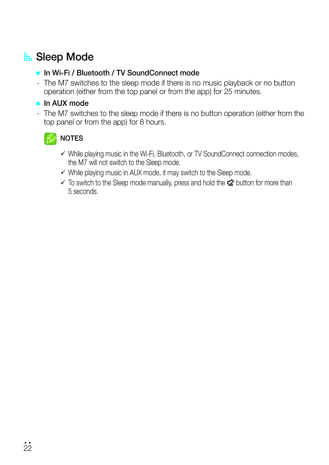 Samsung WAM750 user manual AA Sleep Mode, `` In Wi-Fi / Bluetooth / TV SoundConnect mode 