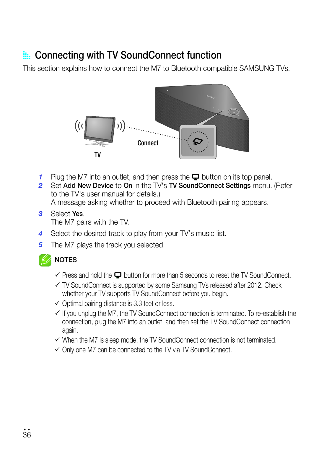 Samsung WAM750 AA Connecting with TV SoundConnect function, 99Only one M7 can be connected to the TV via TV SoundConnect 