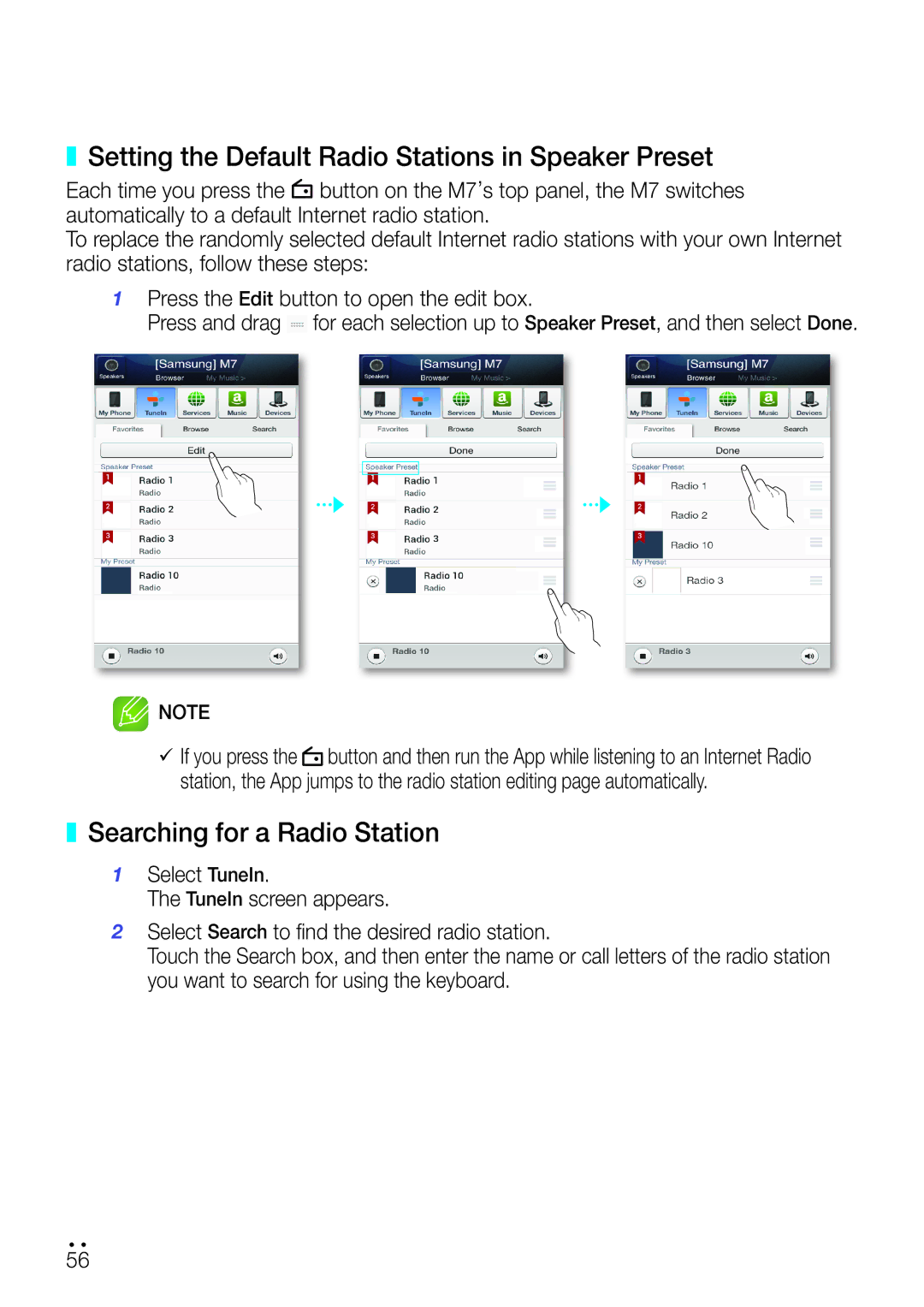 Samsung WAM750 user manual Setting the default Radio Stations in Speaker Preset, Searching for a Radio Station 