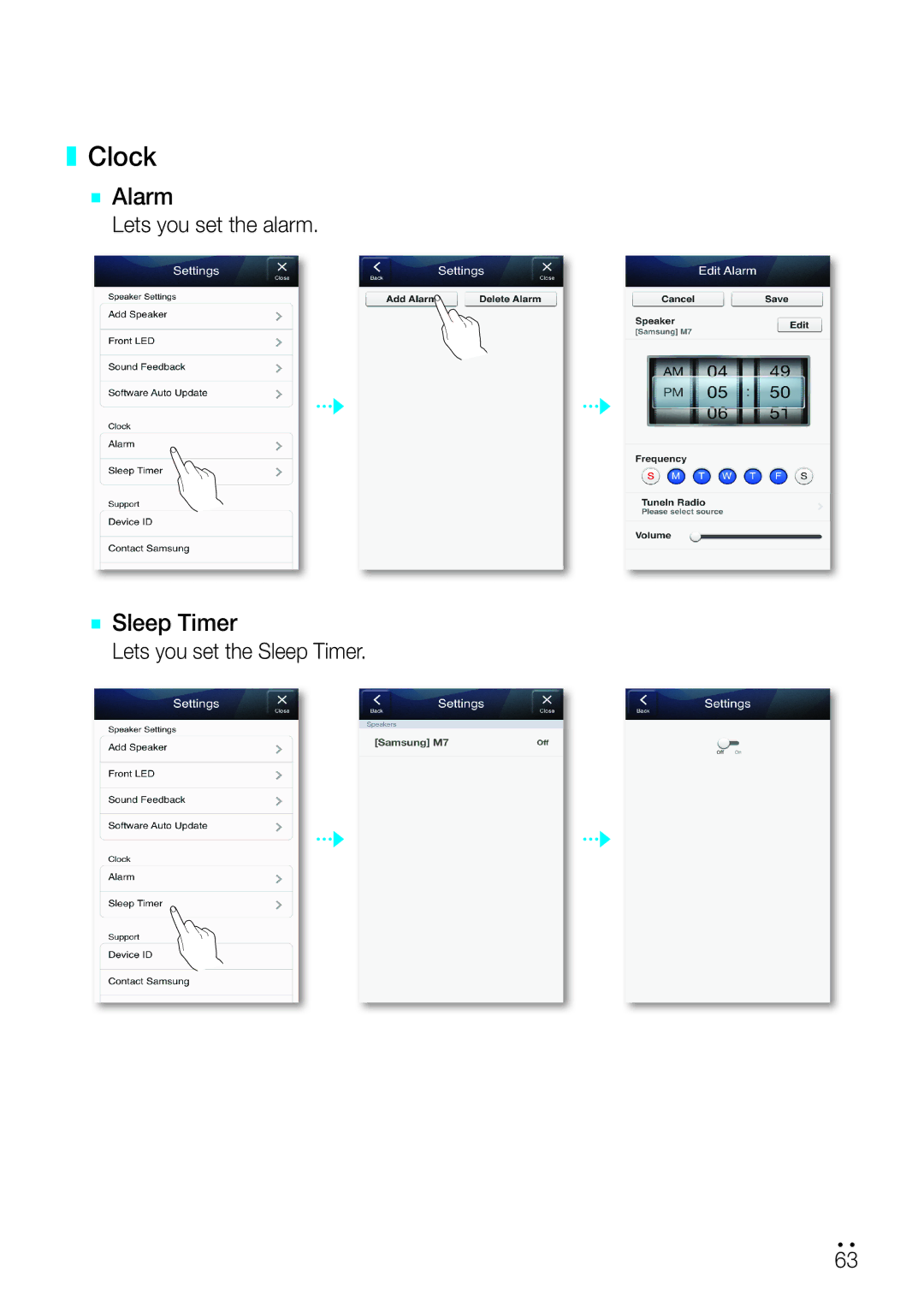 Samsung WAM750 user manual Clock, Lets you set the alarm, Lets you set the Sleep Timer 