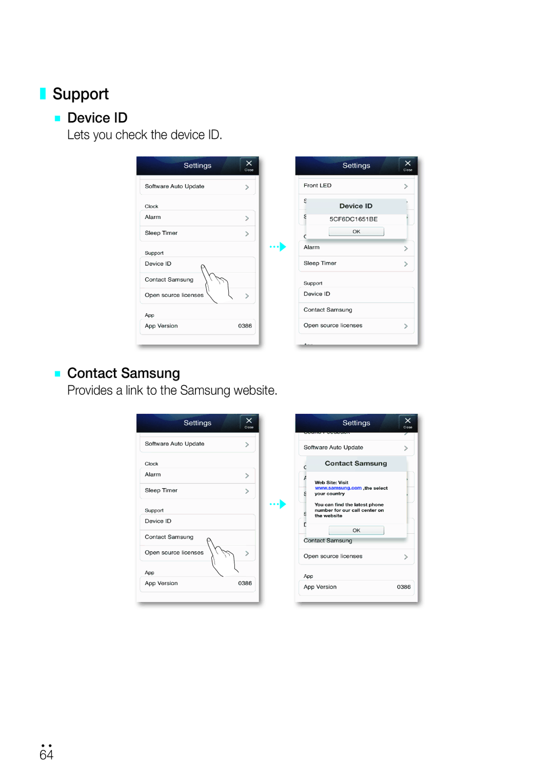 Samsung WAM750 user manual Support, Lets you check the device ID, Provides a link to the Samsung website 64444 