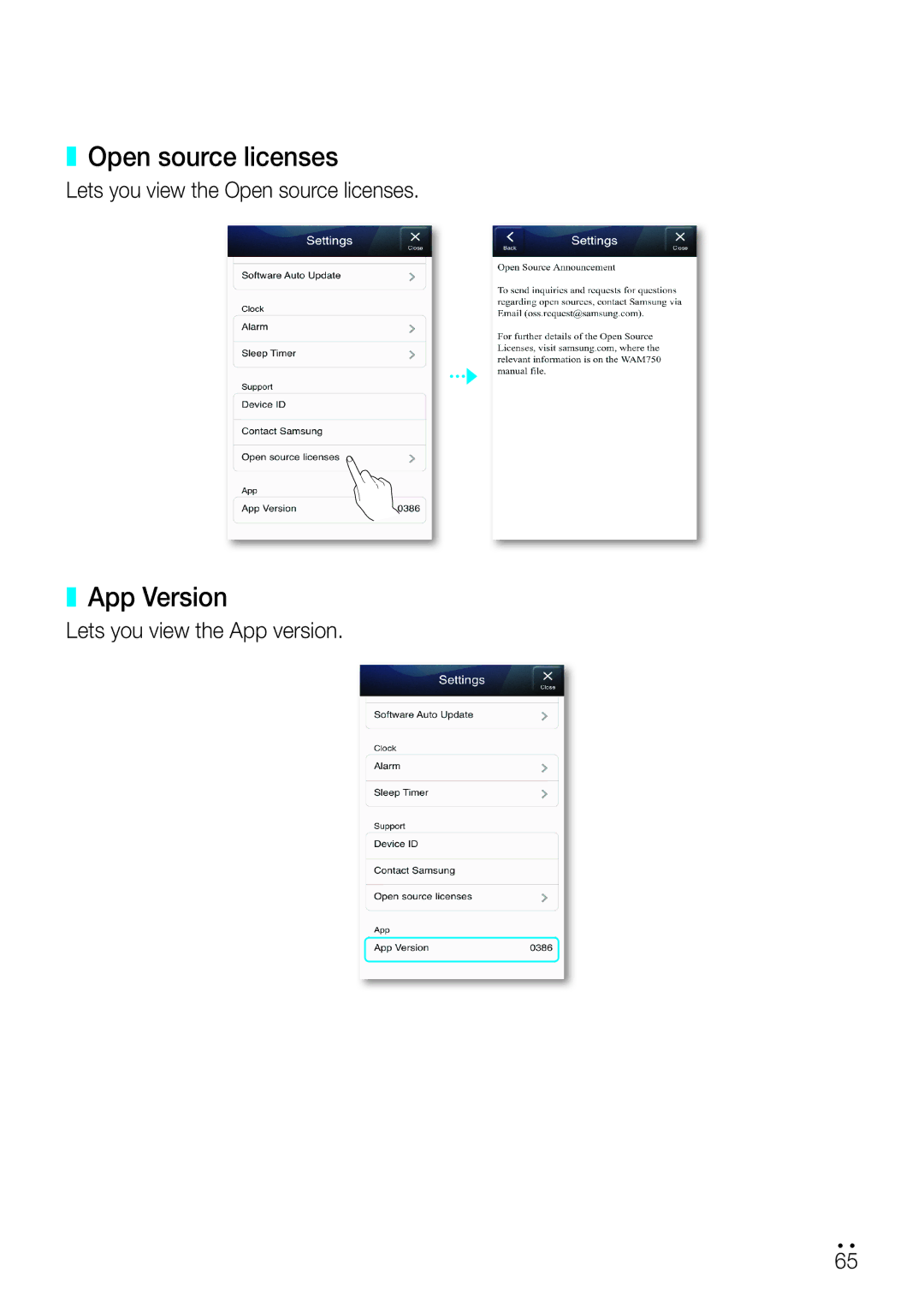 Samsung WAM750 user manual App Version, Lets you view the Open source licenses, Lets you view the App version 