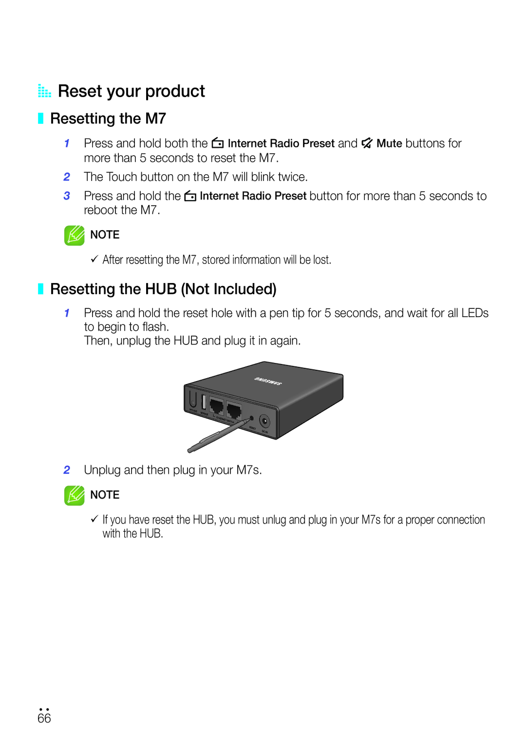 Samsung WAM750 user manual AA Reset your product, Resetting the M7, Resetting the HUB Not Included 