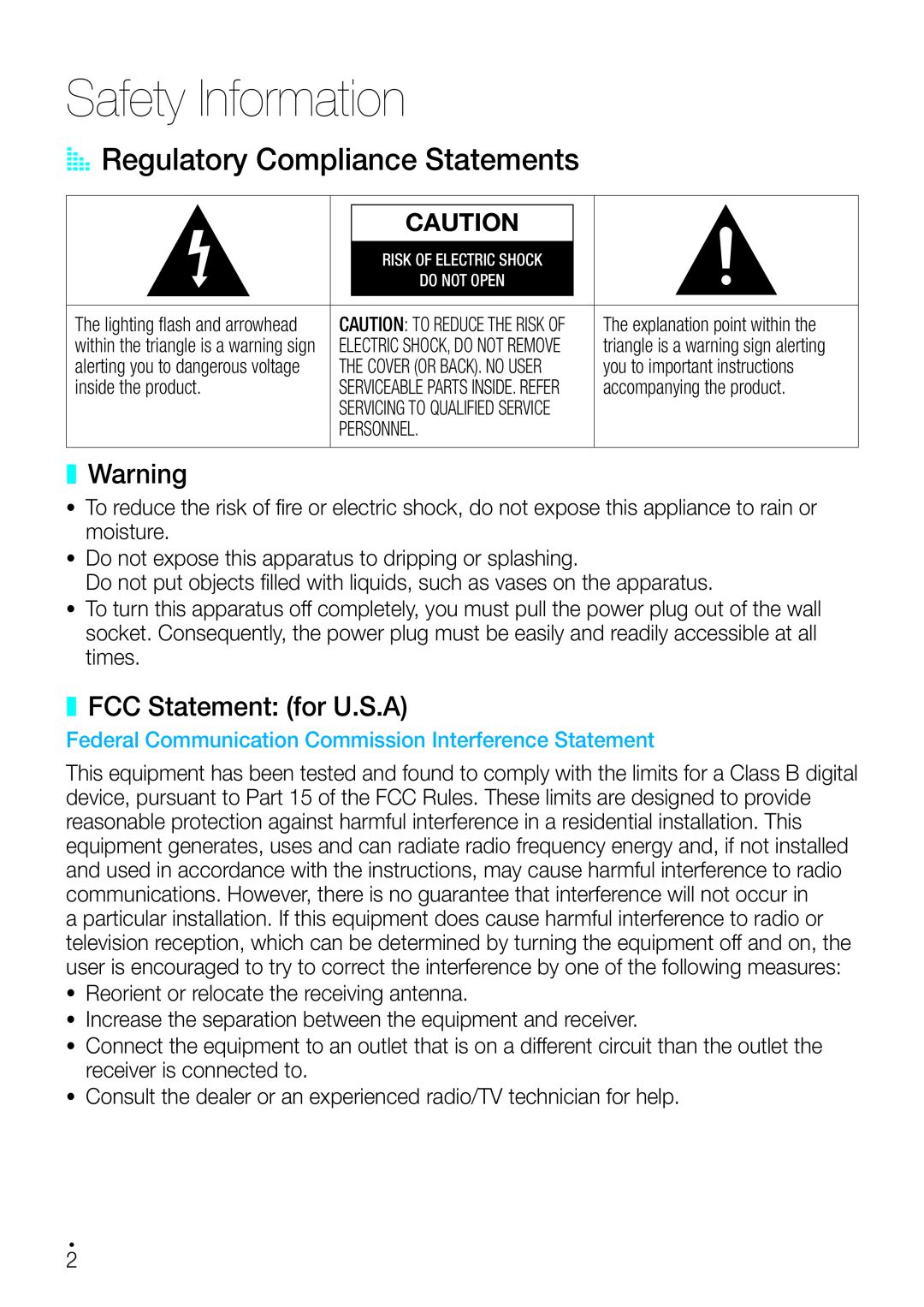 Samsung WAM750 user manual Safety Information, AARegulatory Compliance Statements, FCC Statement: for U.S.A 