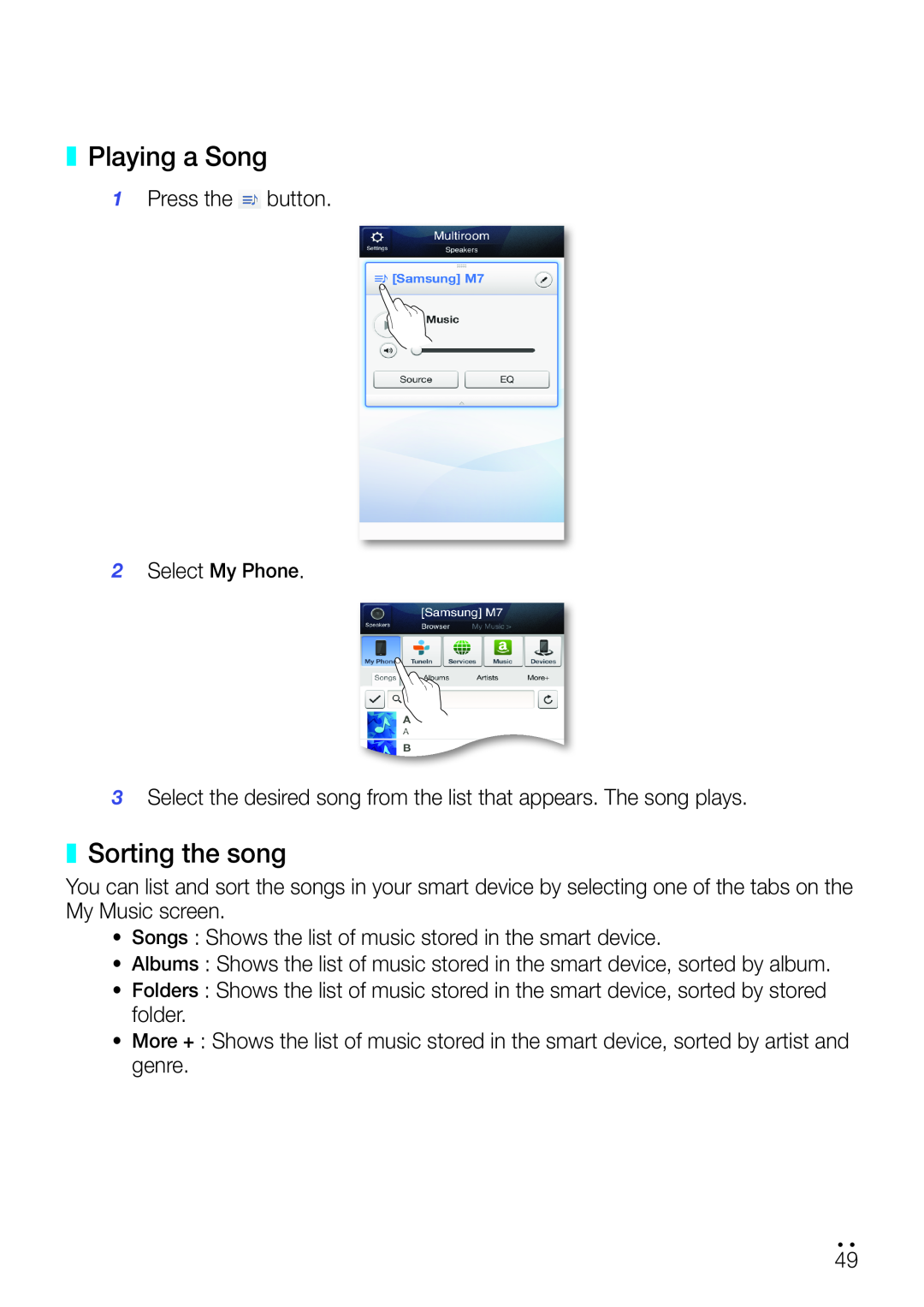 Samsung WAM750 user manual Playing a Song, Sorting the song 