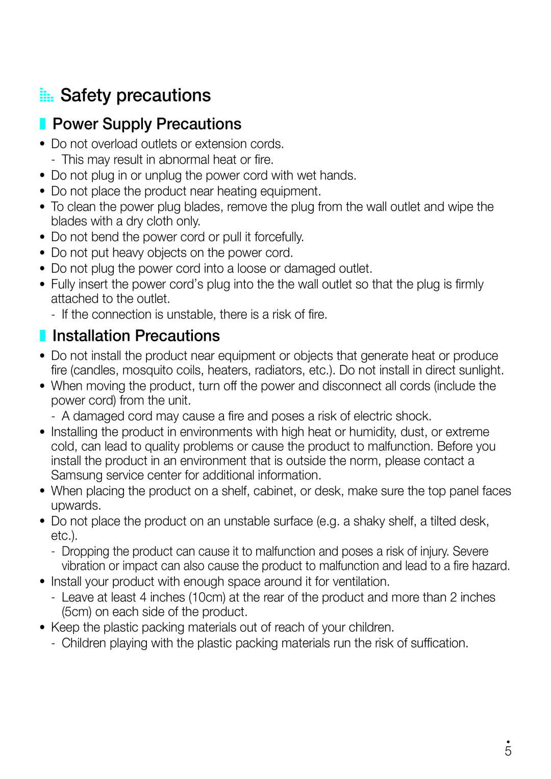 Samsung WAM750 user manual AASafety precautions, Power Supply Precautions, Installation Precautions 