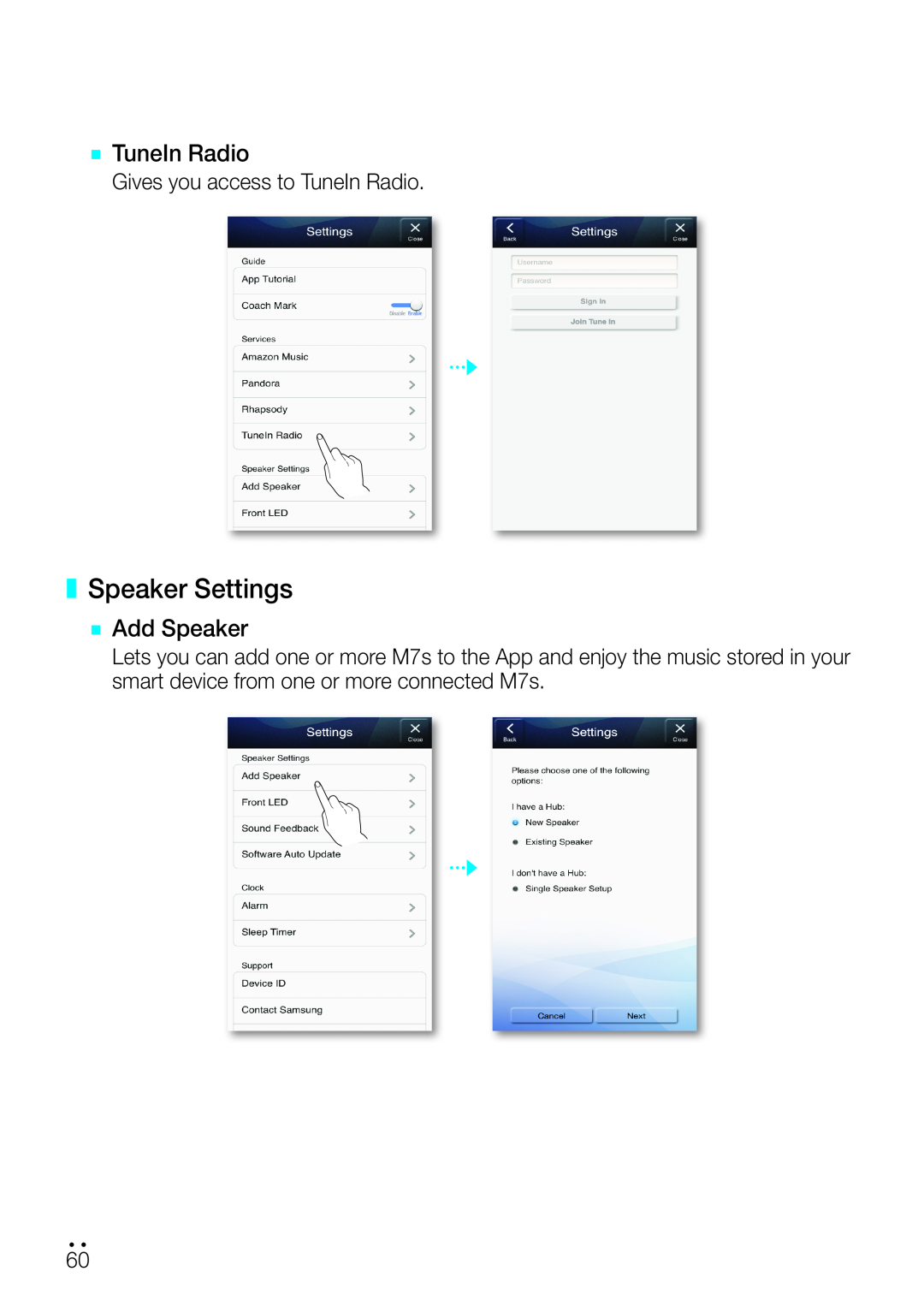 Samsung WAM750 user manual Speaker Settings, `` TuneIn Radio, `` Add Speaker 