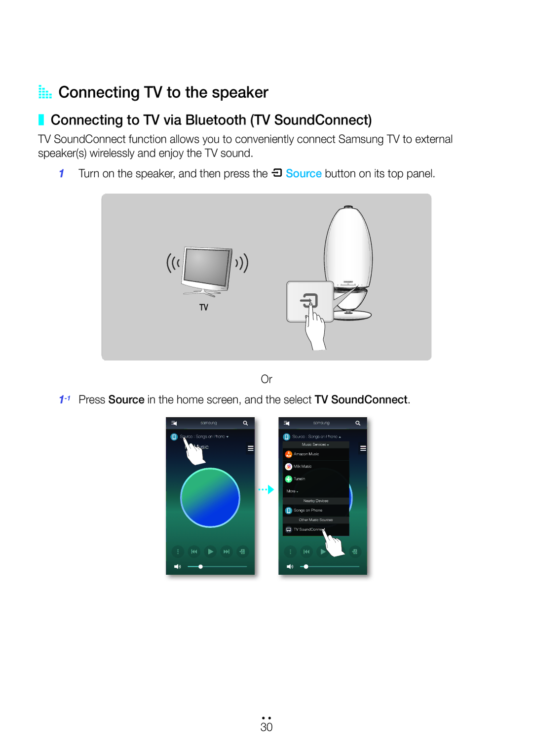 Samsung WAM6500/XE, WAM7500/EN, WAM7501/EN AA Connecting TV to the speaker, Connecting to TV via Bluetooth TV SoundConnect 