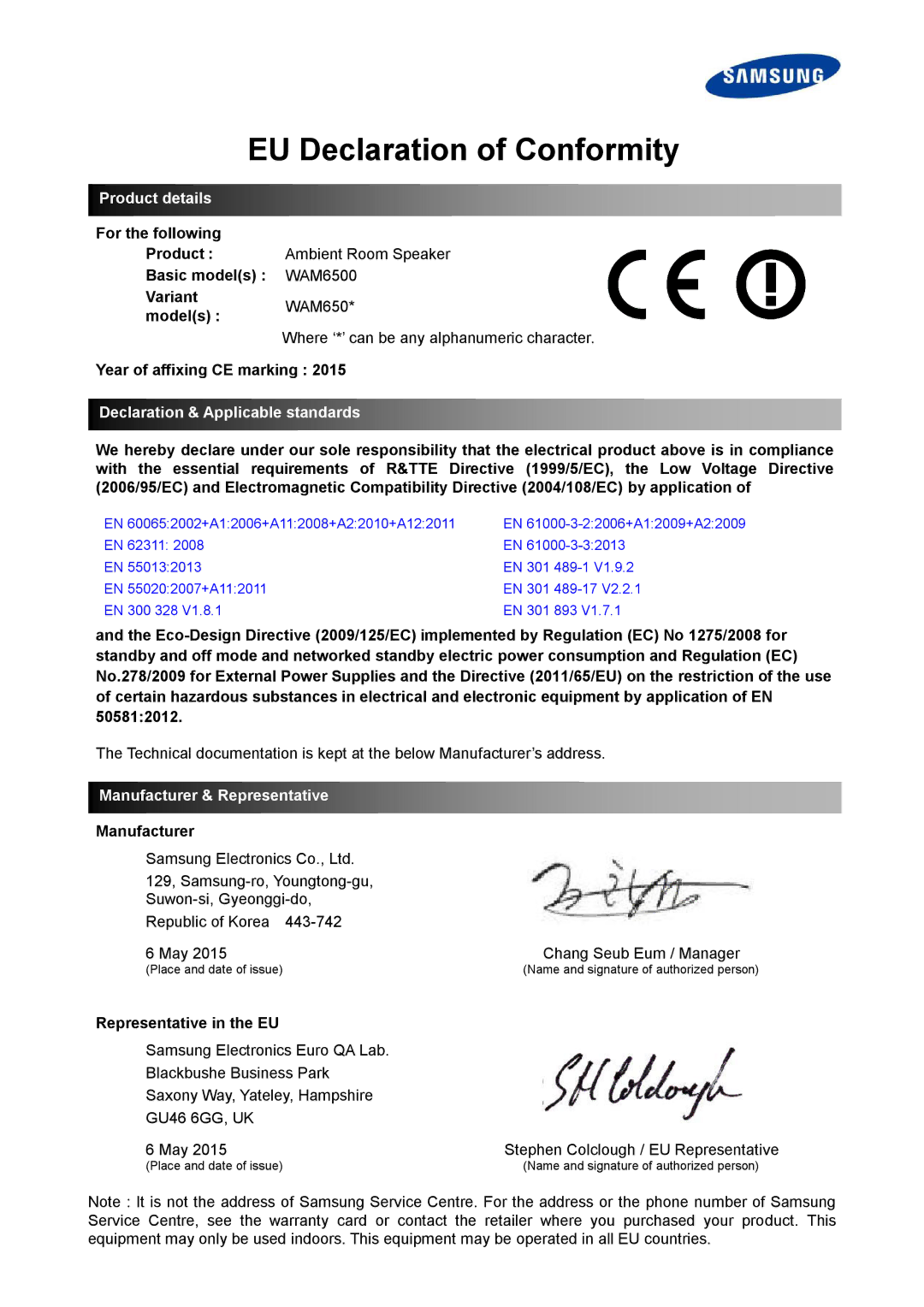 Samsung WAM7501/EN, WAM7500/EN manual EU Declaration of Conformity, Product details, Declaration & Applicable standards 