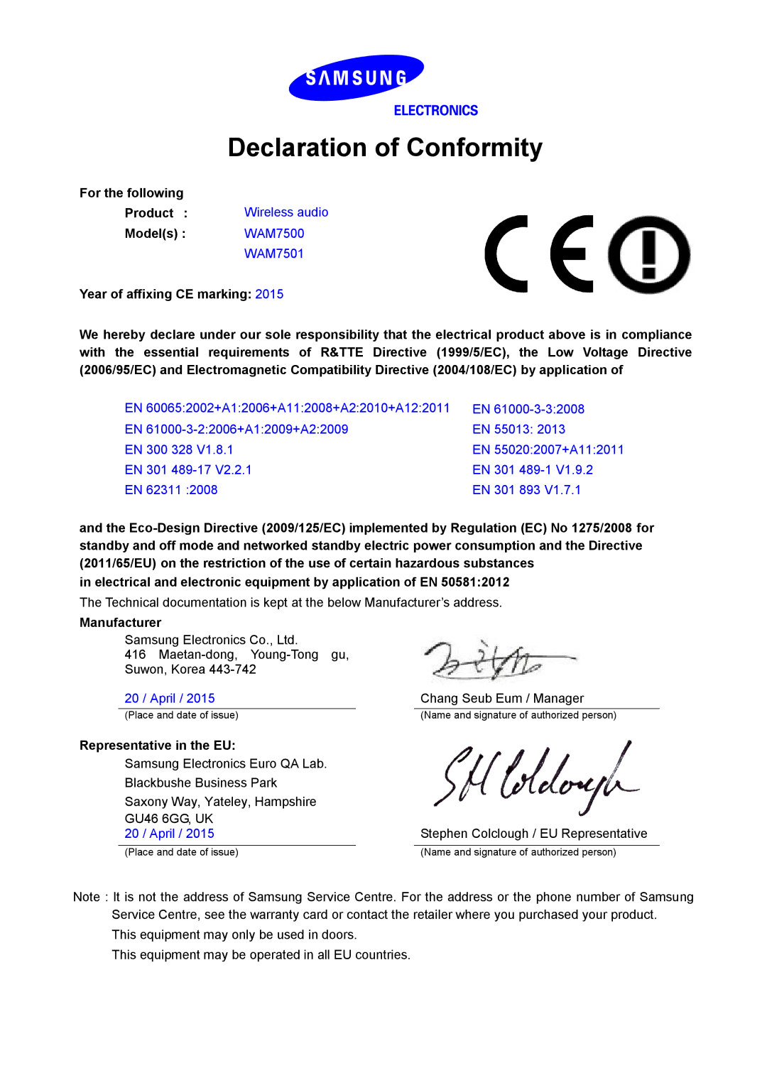 Samsung WAM7501/EN, WAM7500/EN, WAM6501/EN, WAM6500/EN, WAM7501/ZF manual Declaration of Conformity, Wireless audio 