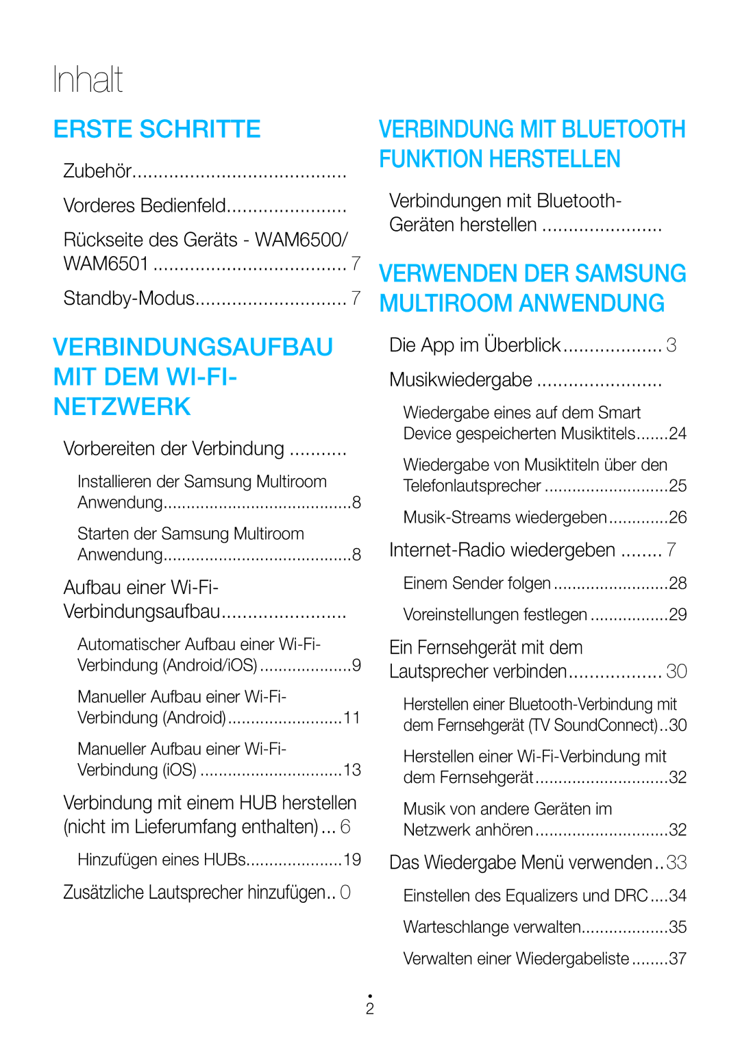 Samsung WAM6501/EN, WAM7500/EN, WAM7501/EN manual Aufbau einer Wi-Fi, Verbindungen mit Bluetooth, Ein Fernsehgerät mit dem 