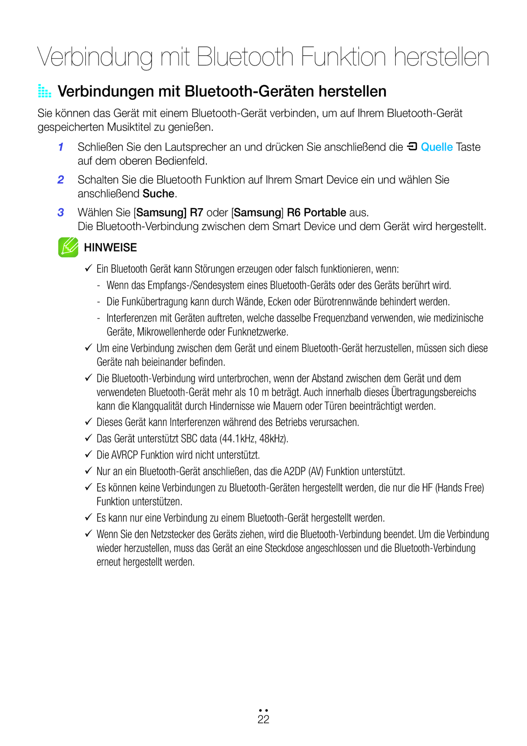 Samsung WAM6501/EN manual Verbindung mit Bluetooth Funktion herstellen, AA Verbindungen mit Bluetooth-Geräten herstellen 