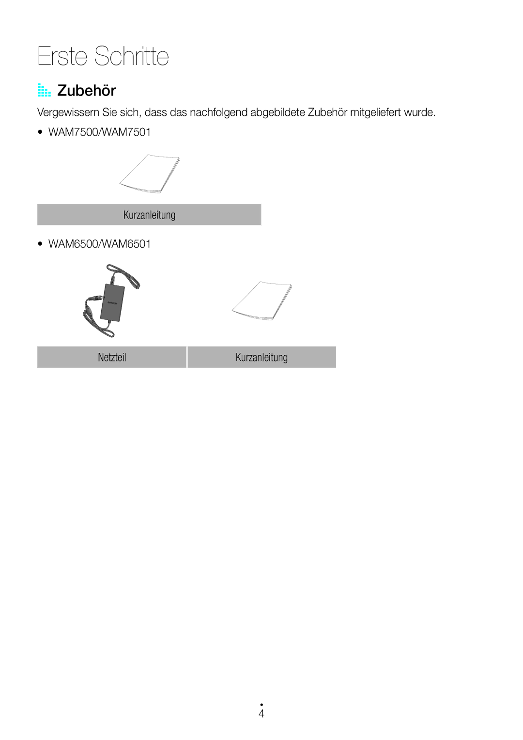 Samsung WAM7500/EN, WAM7501/EN, WAM6501/EN, WAM6500/EN manual Erste Schritte, AA Zubehör 