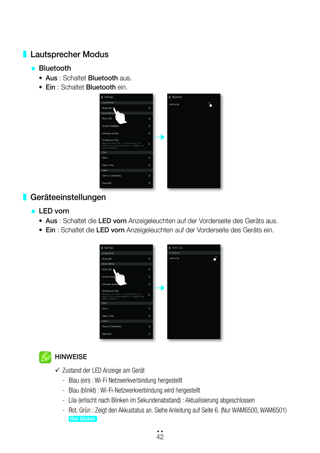 Samsung WAM6501/EN, WAM7500/EN, WAM7501/EN, WAM6500/EN Lautsprecher Modus, Geräteeinstellungen, `` Bluetooth, `` LED vorn 