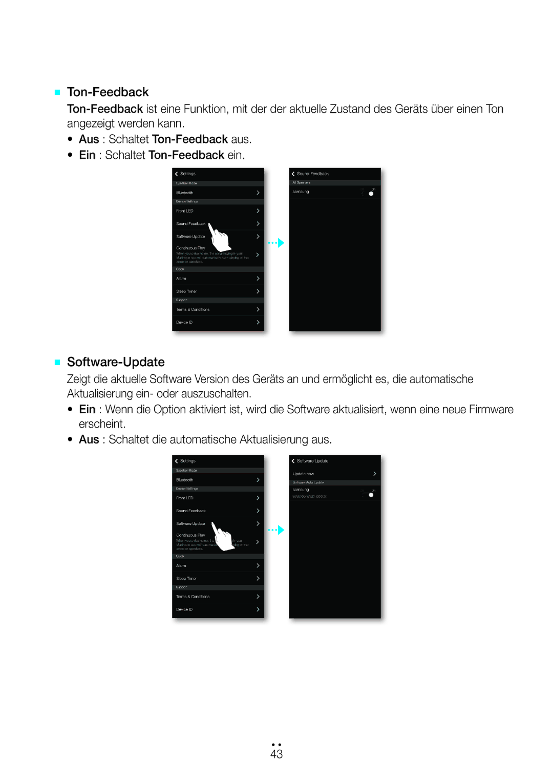 Samsung WAM6500/EN, WAM7500/EN, WAM7501/EN, WAM6501/EN manual `` Ton-Feedback, `` Software-Update 