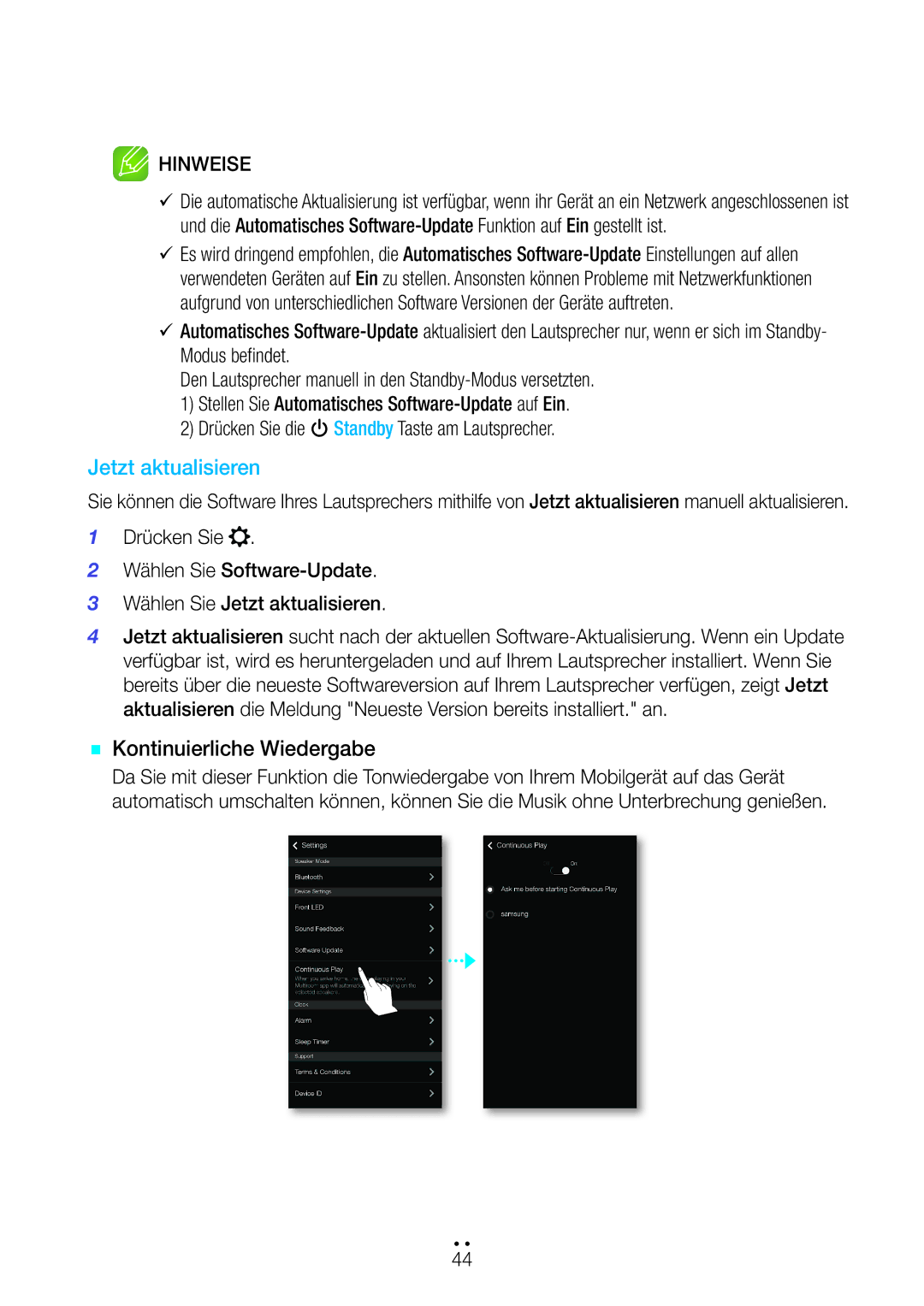 Samsung WAM7500/EN, WAM7501/EN, WAM6501/EN, WAM6500/EN manual Jetzt aktualisieren, `` Kontinuierliche Wiedergabe 