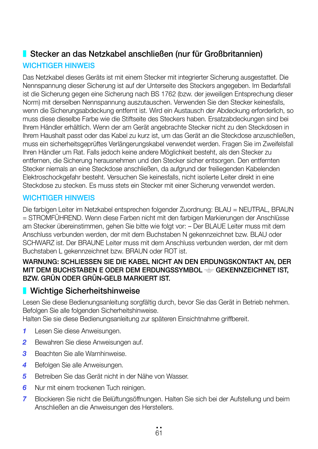 Samsung WAM7501/EN, WAM7500/EN Stecker an das Netzkabel anschließen nur für Großbritannien, Wichtige Sicherheitshinweise 