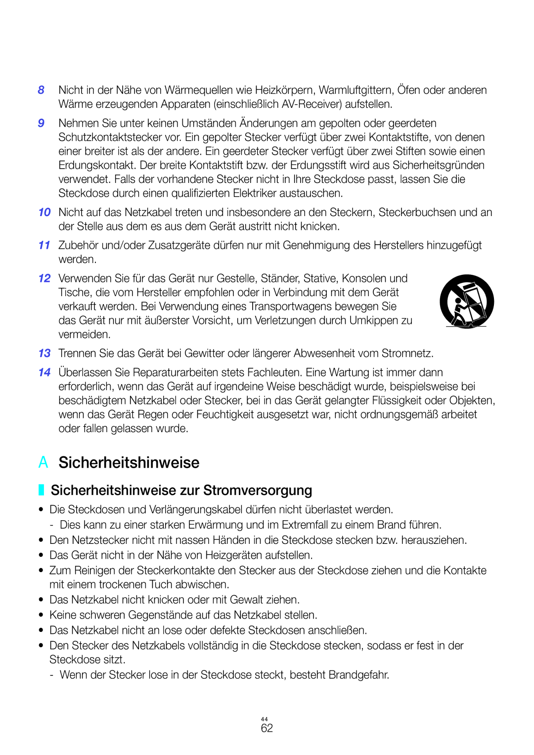 Samsung WAM6501/EN, WAM7500/EN, WAM7501/EN, WAM6500/EN manual AA Sicherheitshinweise, Sicherheitshinweise zur Stromversorgung 