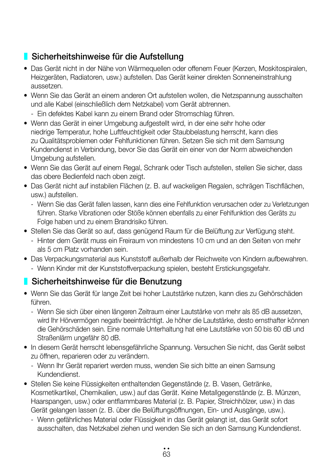 Samsung WAM6500/EN, WAM7500/EN, WAM7501/EN Sicherheitshinweise für die Aufstellung, Sicherheitshinweise für die Benutzung 