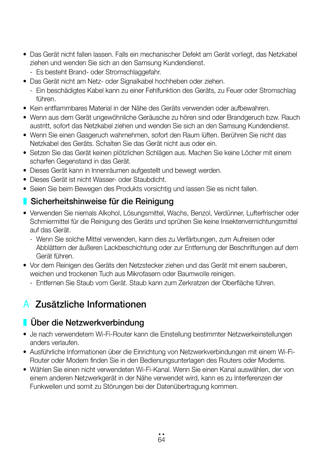 Samsung WAM7500/EN manual AA Zusätzliche Informationen, Sicherheitshinweise für die Reinigung, Über die Netzwerkverbindung 