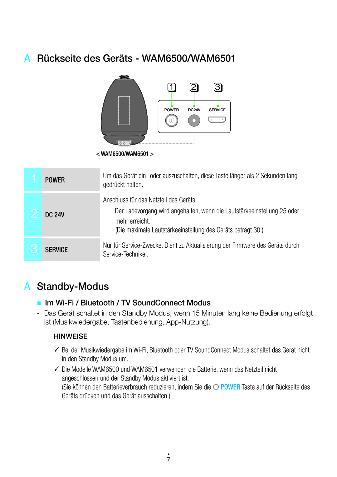 Samsung WAM6500/EN, WAM7500/EN, WAM7501/EN, WAM6501/EN manual AA Rückseite des Geräts WAM6500/WAM6501, AA Standby-Modus 