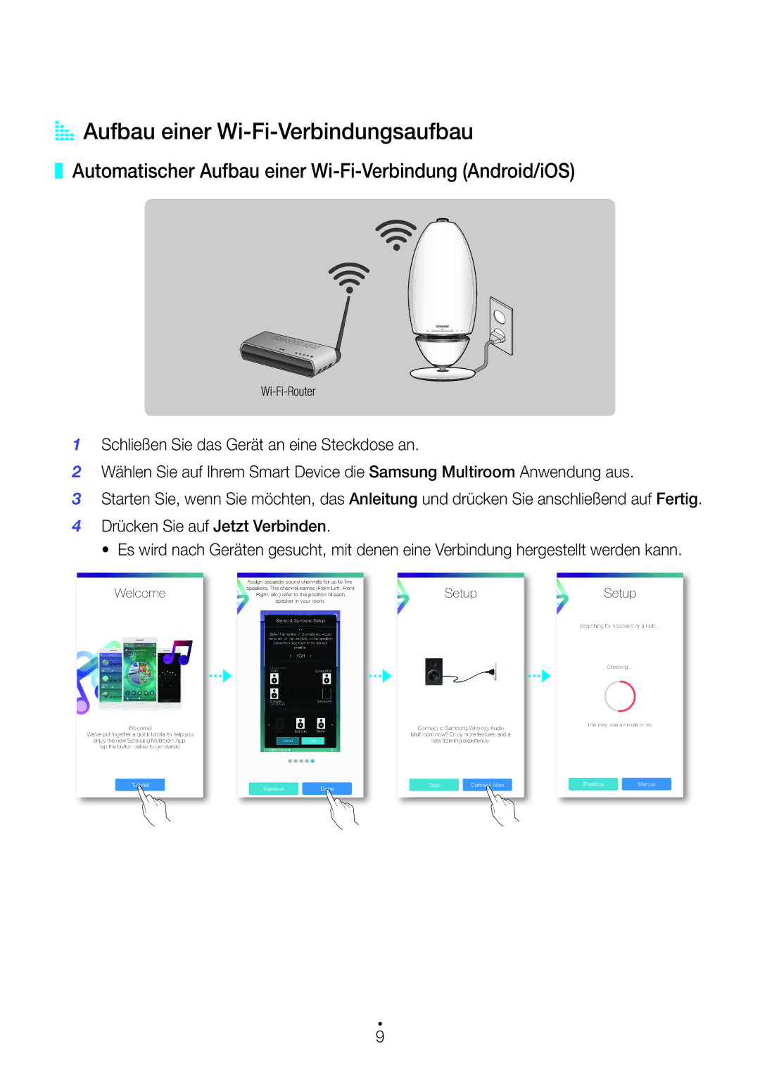 Samsung WAM7501/EN manual AA Aufbau einer Wi-Fi-Verbindungsaufbau, Automatischer Aufbau einer Wi-Fi-Verbindung Android/iOS 