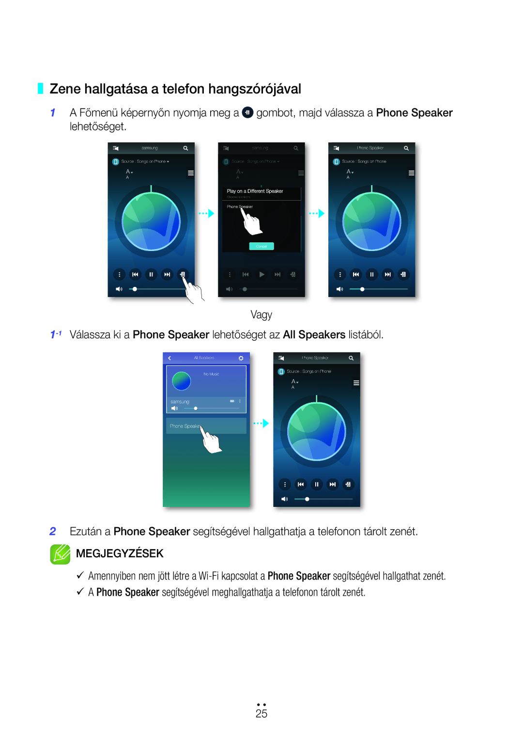 Samsung WAM7501/EN, WAM7500/EN, WAM6501/EN, WAM6500/EN manual Zene hallgatása a telefon hangszórójával 