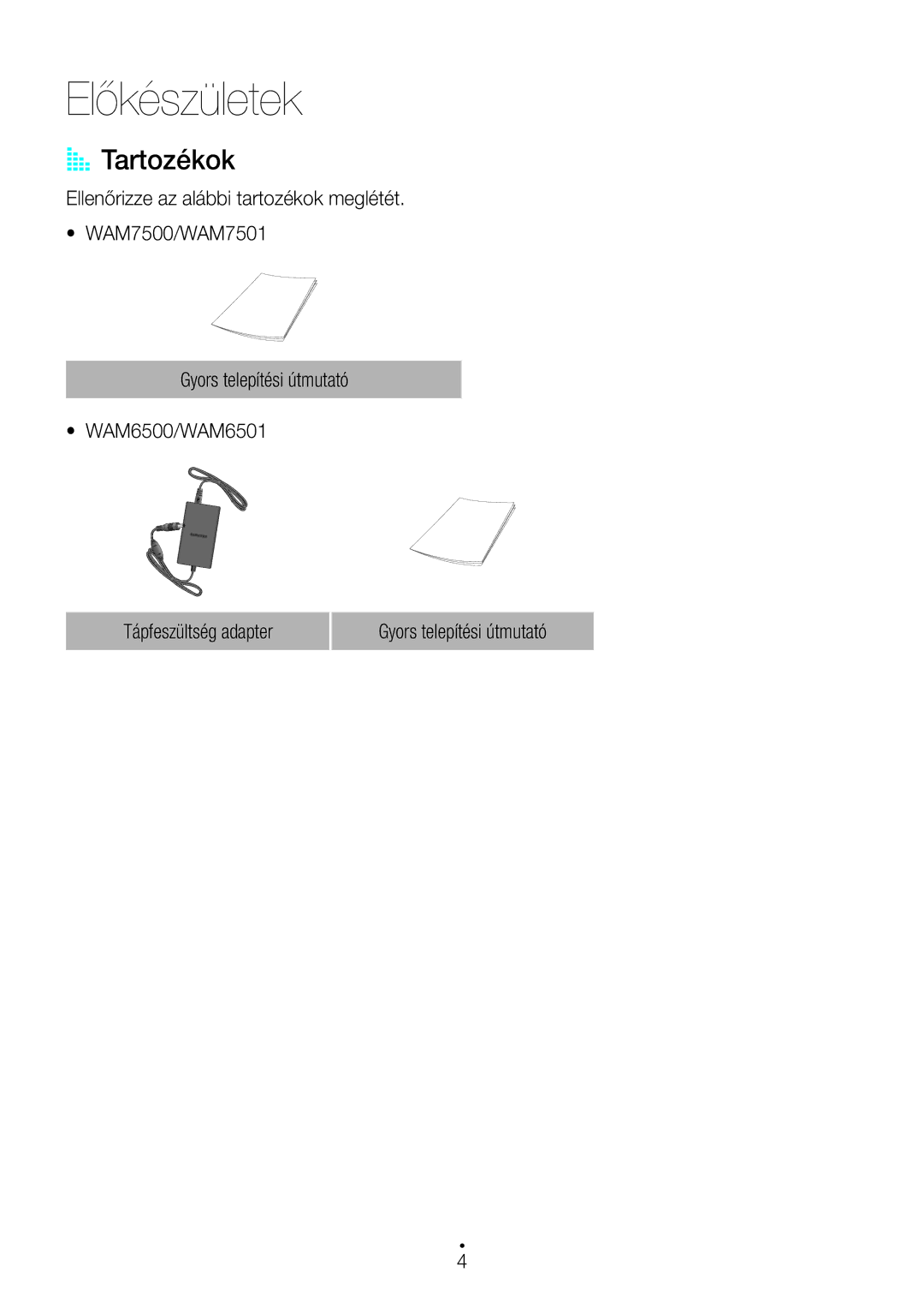 Samsung WAM7500/EN, WAM7501/EN, WAM6501/EN, WAM6500/EN manual Előkészületek, AA Tartozékok 