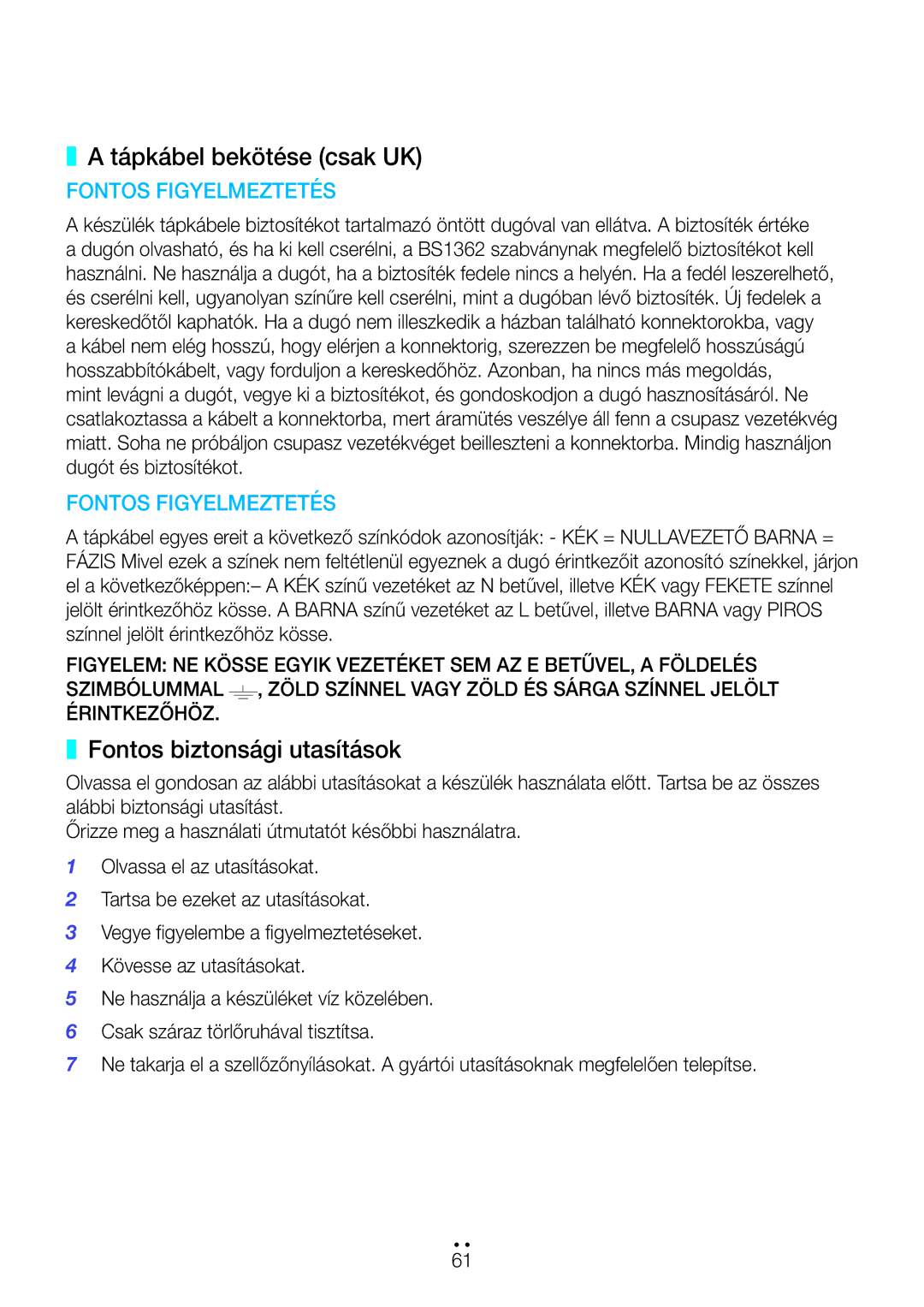 Samsung WAM7501/EN, WAM7500/EN, WAM6501/EN, WAM6500/EN manual Tápkábel bekötése csak UK, Fontos biztonsági utasítások 