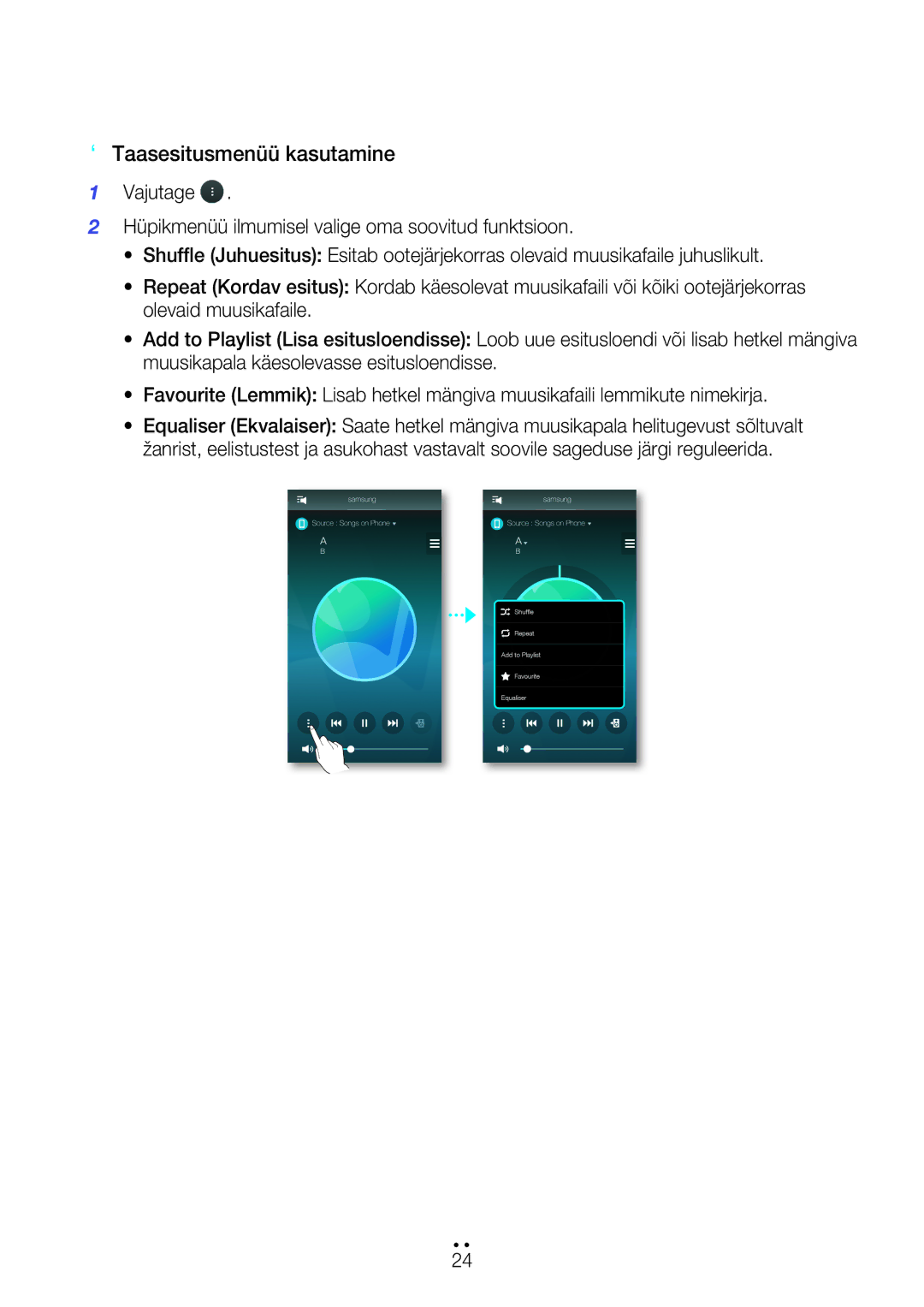 Samsung WAM7500/EN, WAM7501/EN manual ` Taasesitusmenüü kasutamine 