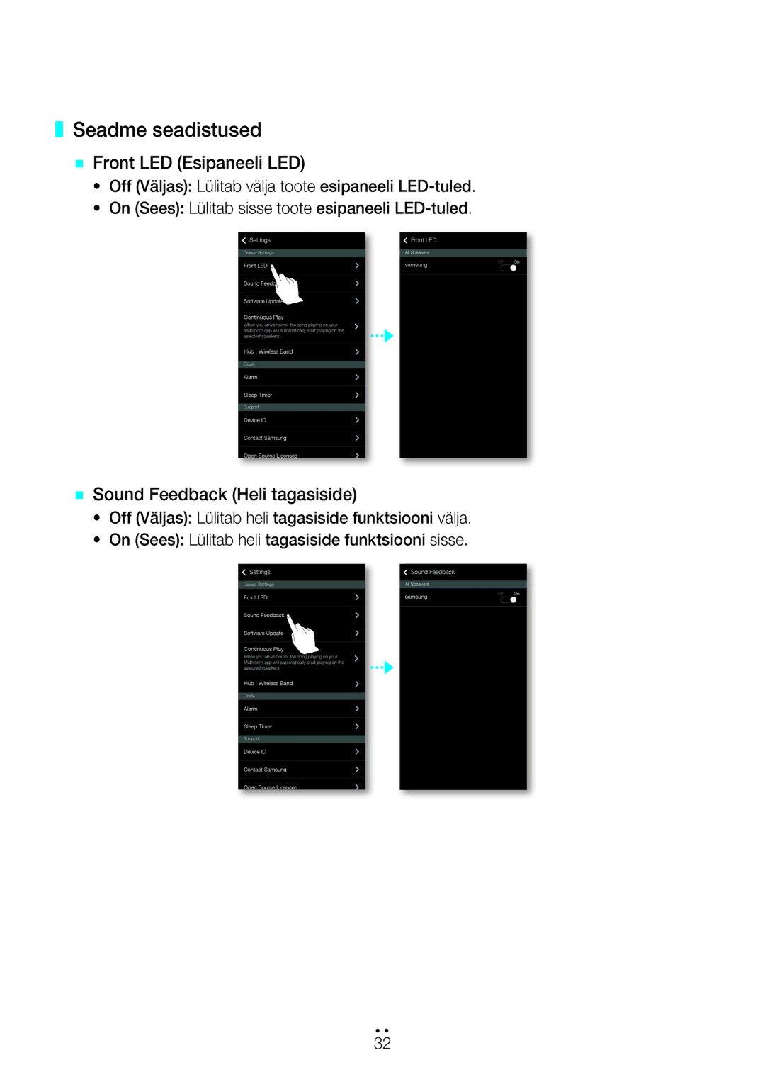 Samsung WAM7500/EN, WAM7501/EN manual Seadme seadistused, ` Front LED Esipaneeli LED, ` Sound Feedback Heli tagasiside 