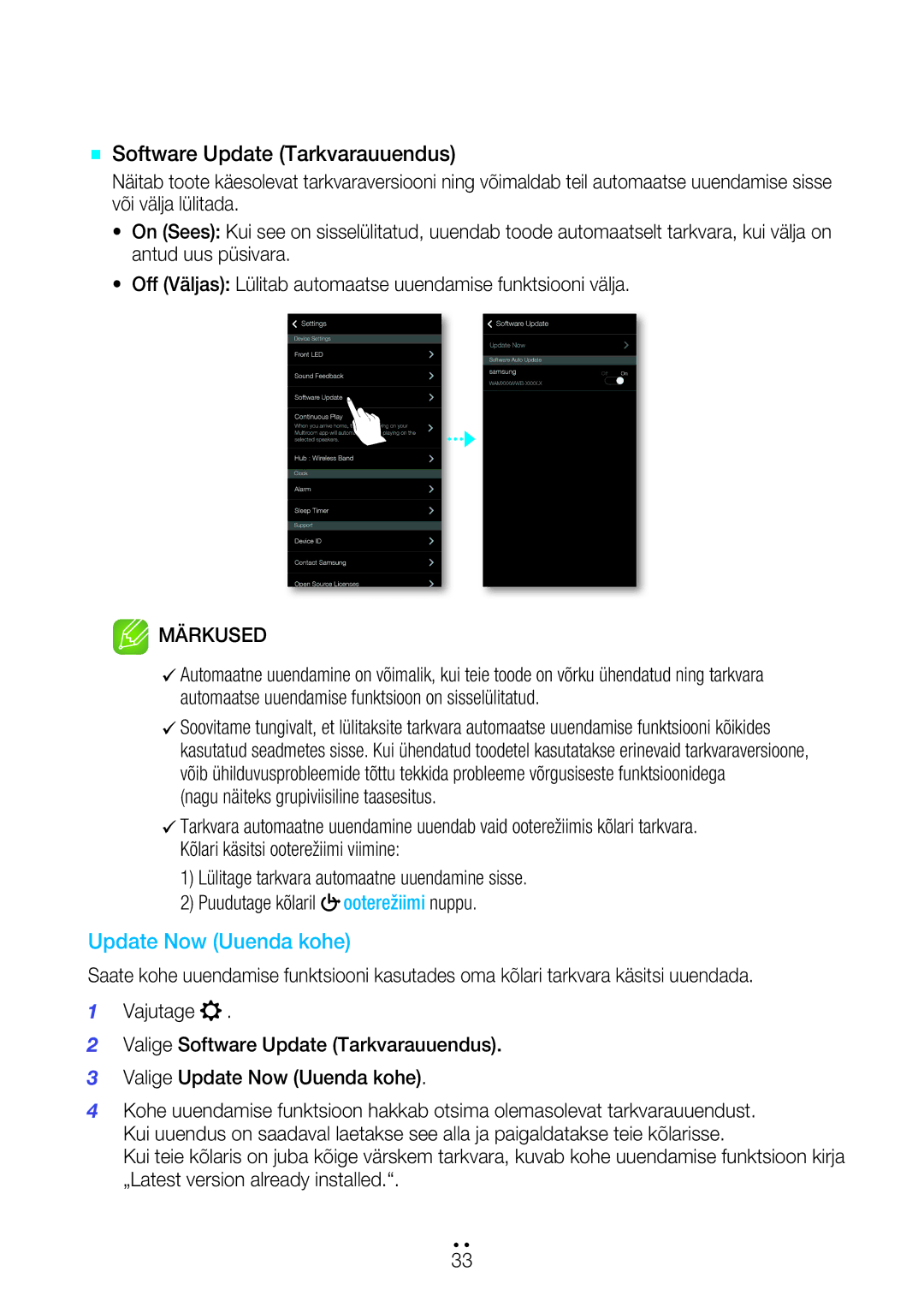 Samsung WAM7501/EN, WAM7500/EN manual ` Software Update Tarkvarauuendus, Update Now Uuenda kohe 