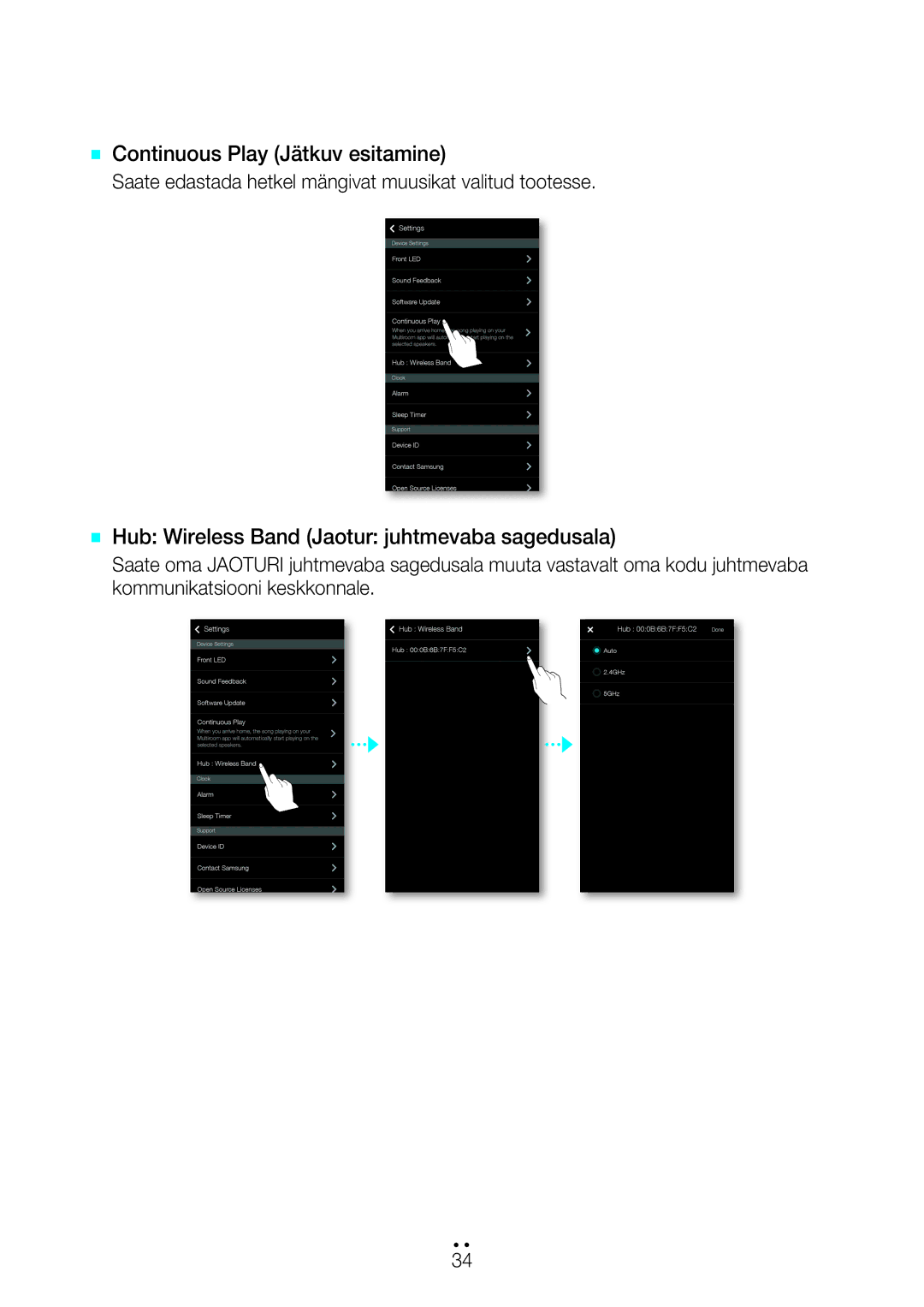 Samsung WAM7500/EN, WAM7501/EN manual Continuous Play Jätkuv esitamine, Hub Wireless Band Jaotur juhtmevaba sagedusala 