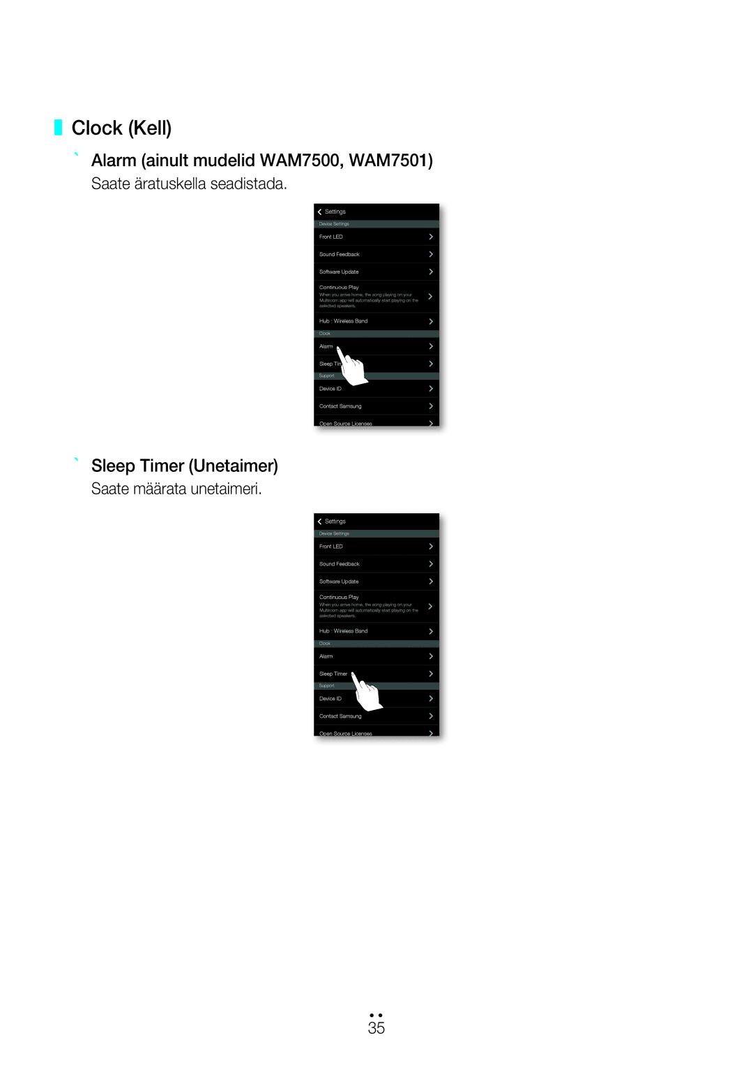 Samsung WAM7501/EN Clock Kell, ` Alarm ainult mudelid WAM7500, WAM7501, ` Sleep Timer Unetaimer, Saate määrata unetaimeri 