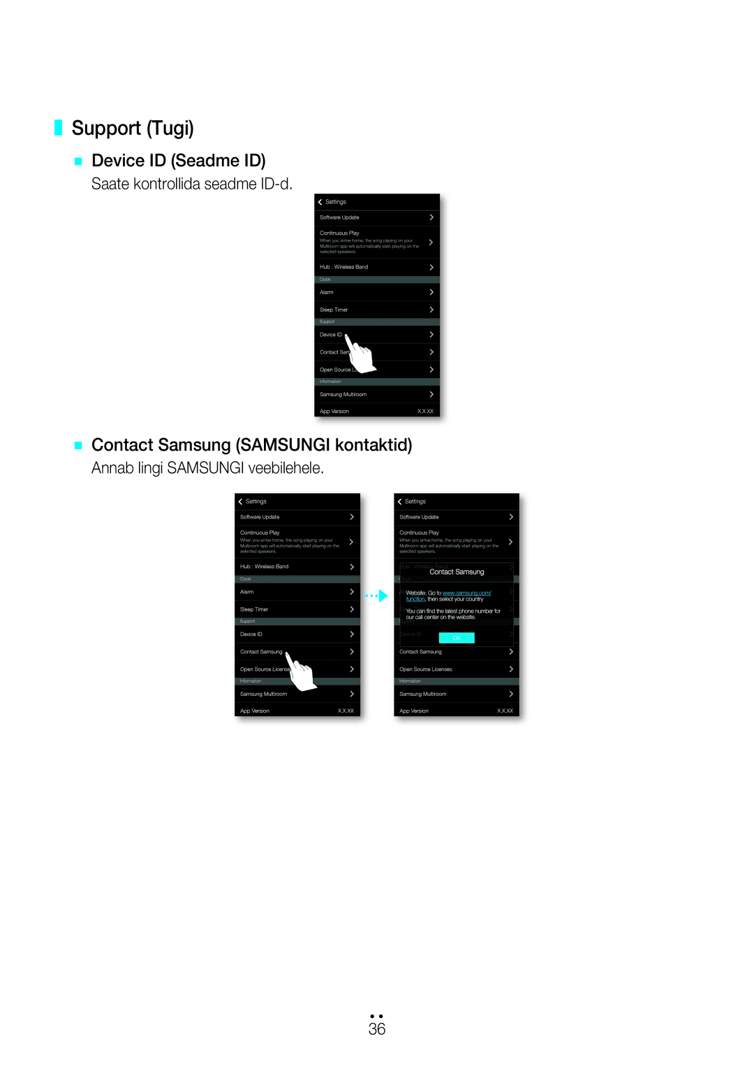 Samsung WAM7500/EN, WAM7501/EN manual Support Tugi, ` Device ID Seadme ID, ` Contact Samsung Samsungi kontaktid 