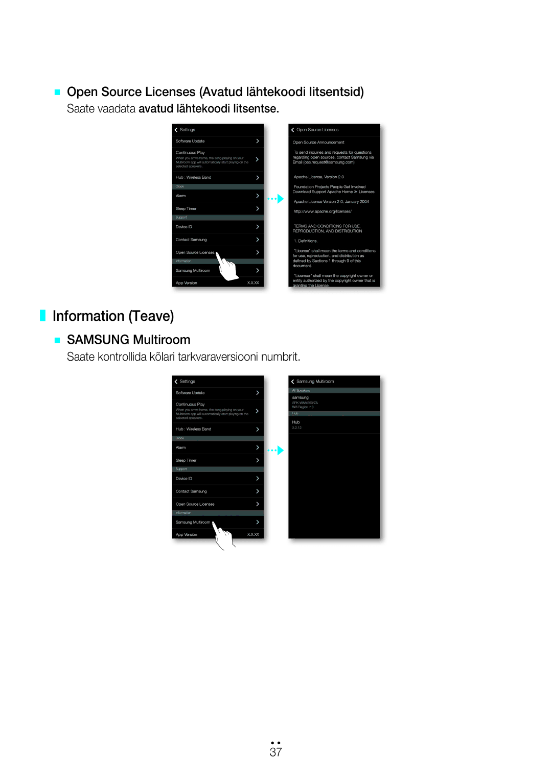 Samsung WAM7501/EN, WAM7500/EN Information Teave, ` Open Source Licenses Avatud lähtekoodi litsentsid, ` Samsung Multiroom 