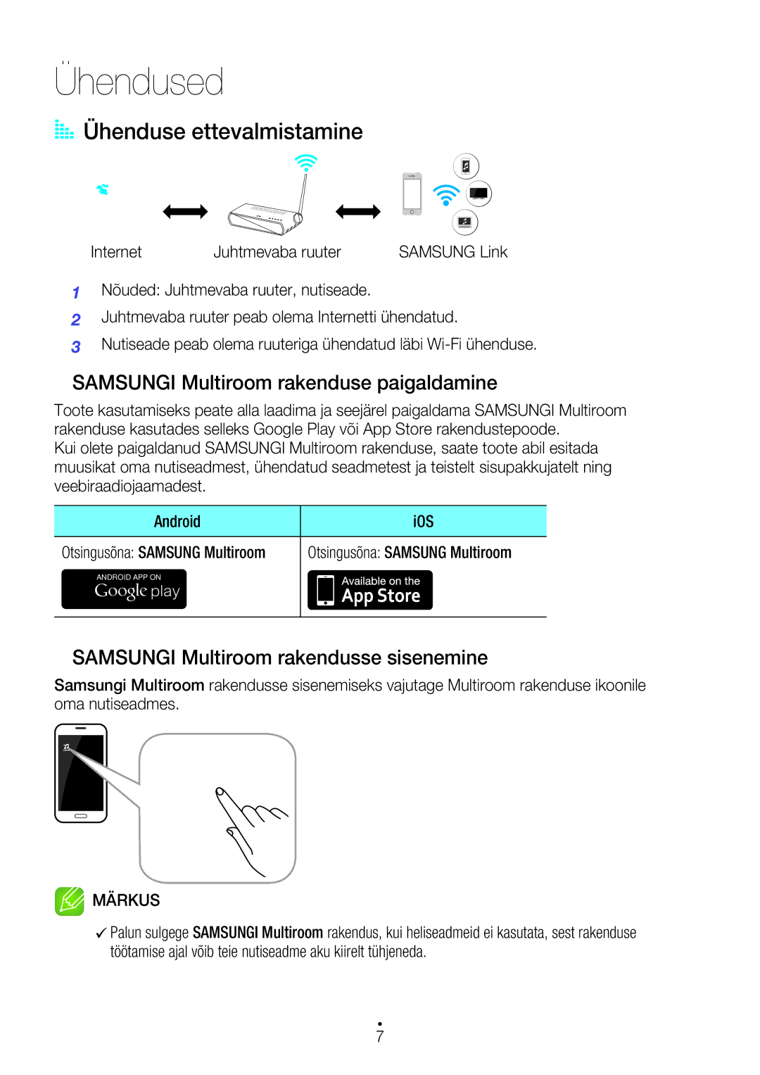 Samsung WAM7501/EN, WAM7500/EN manual Ühendused, Ühenduse ettevalmistamine, Samsungi Multiroom rakenduse paigaldamine 