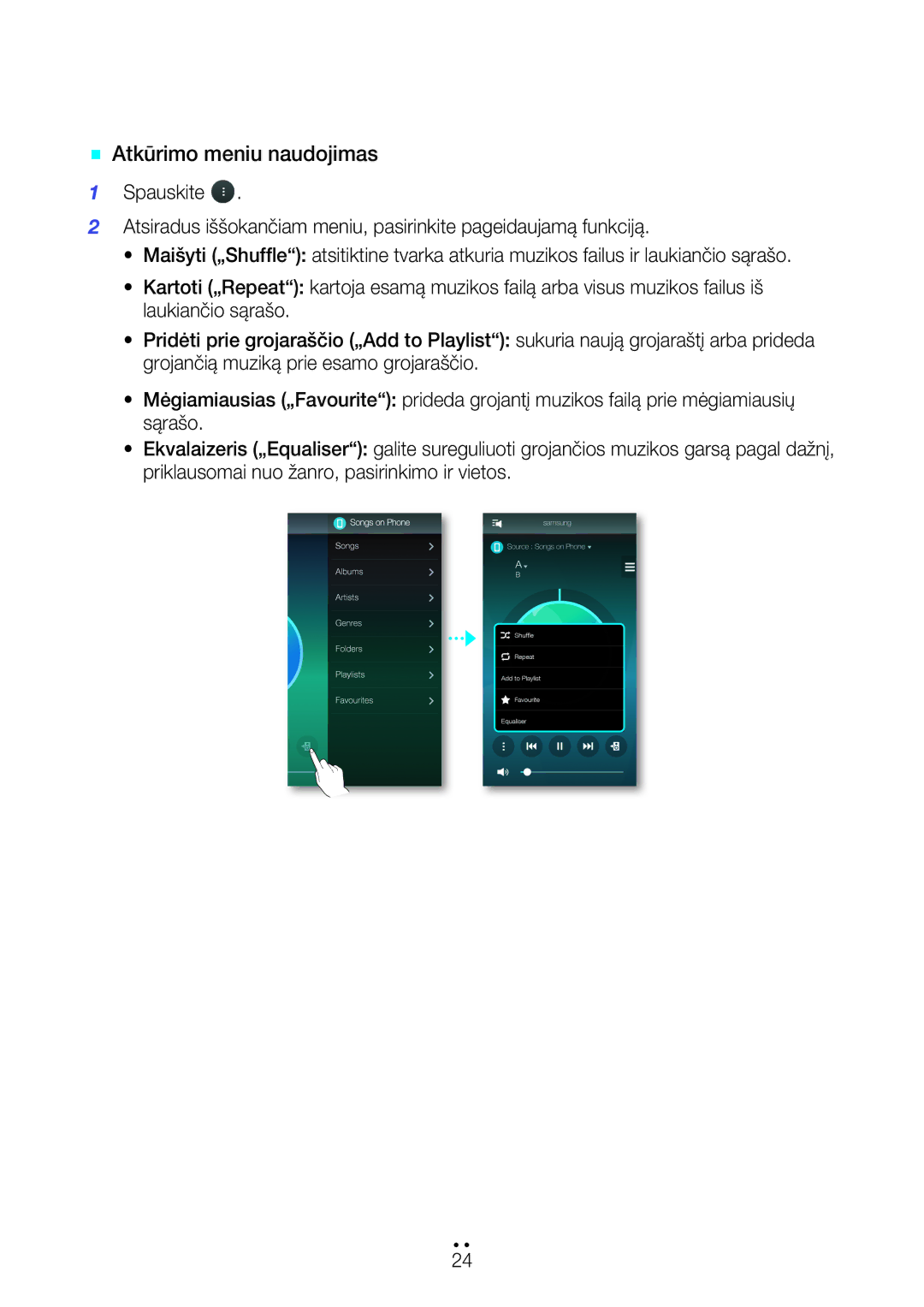 Samsung WAM7500/EN, WAM7501/EN manual ` Atkūrimo meniu naudojimas 