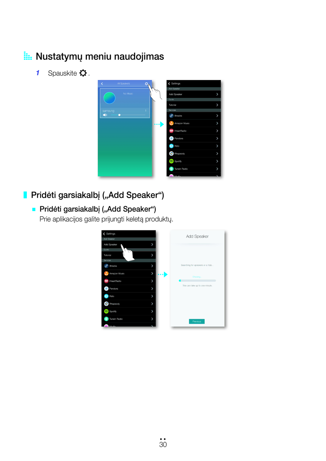 Samsung WAM7500/EN, WAM7501/EN manual Nustatymų meniu naudojimas, Pridėti garsiakalbį „Add Speaker, Spauskite 