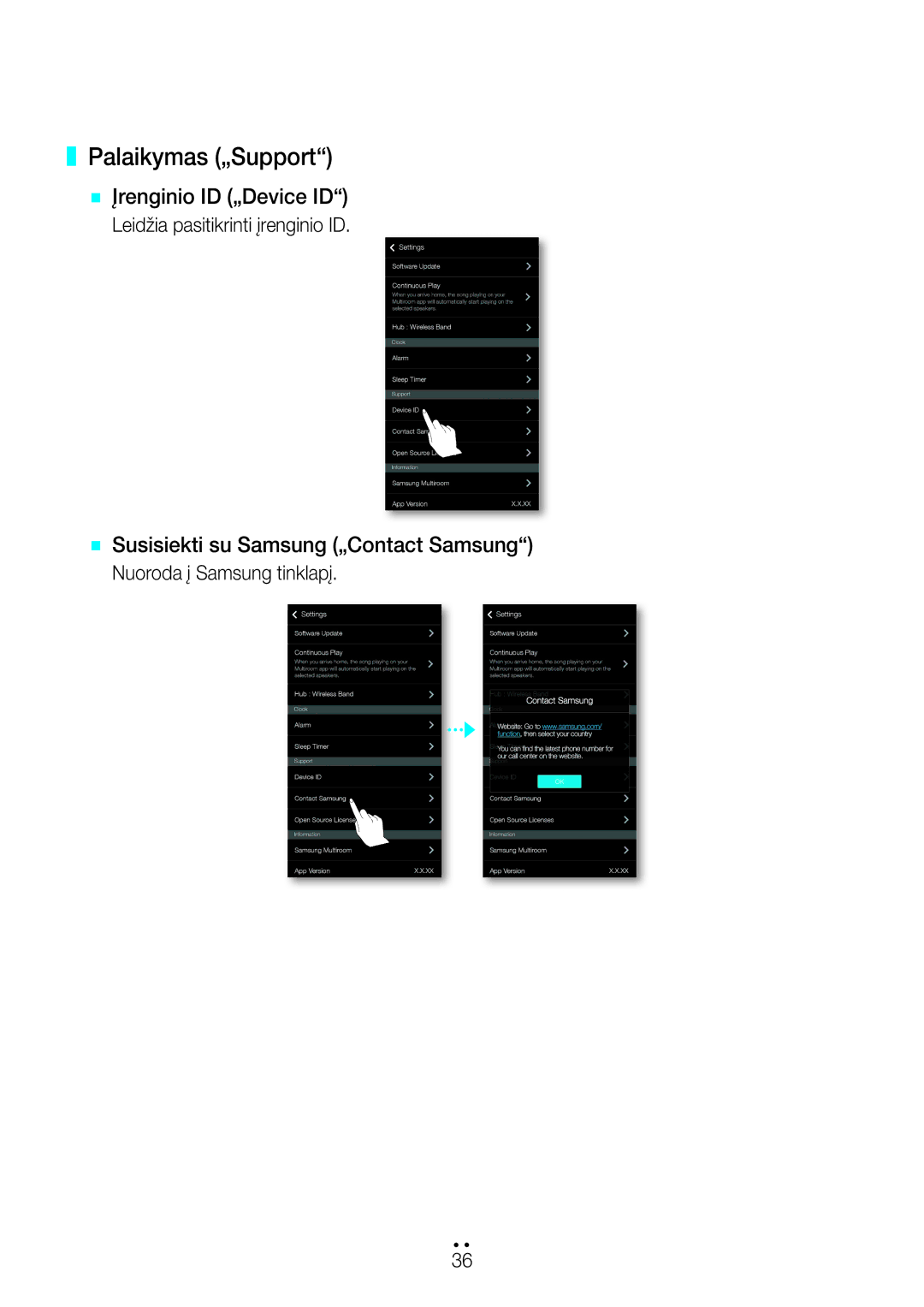 Samsung WAM7500/EN, WAM7501/EN manual Palaikymas „Support, Leidžia pasitikrinti įrenginio ID, Nuoroda į Samsung tinklapį 