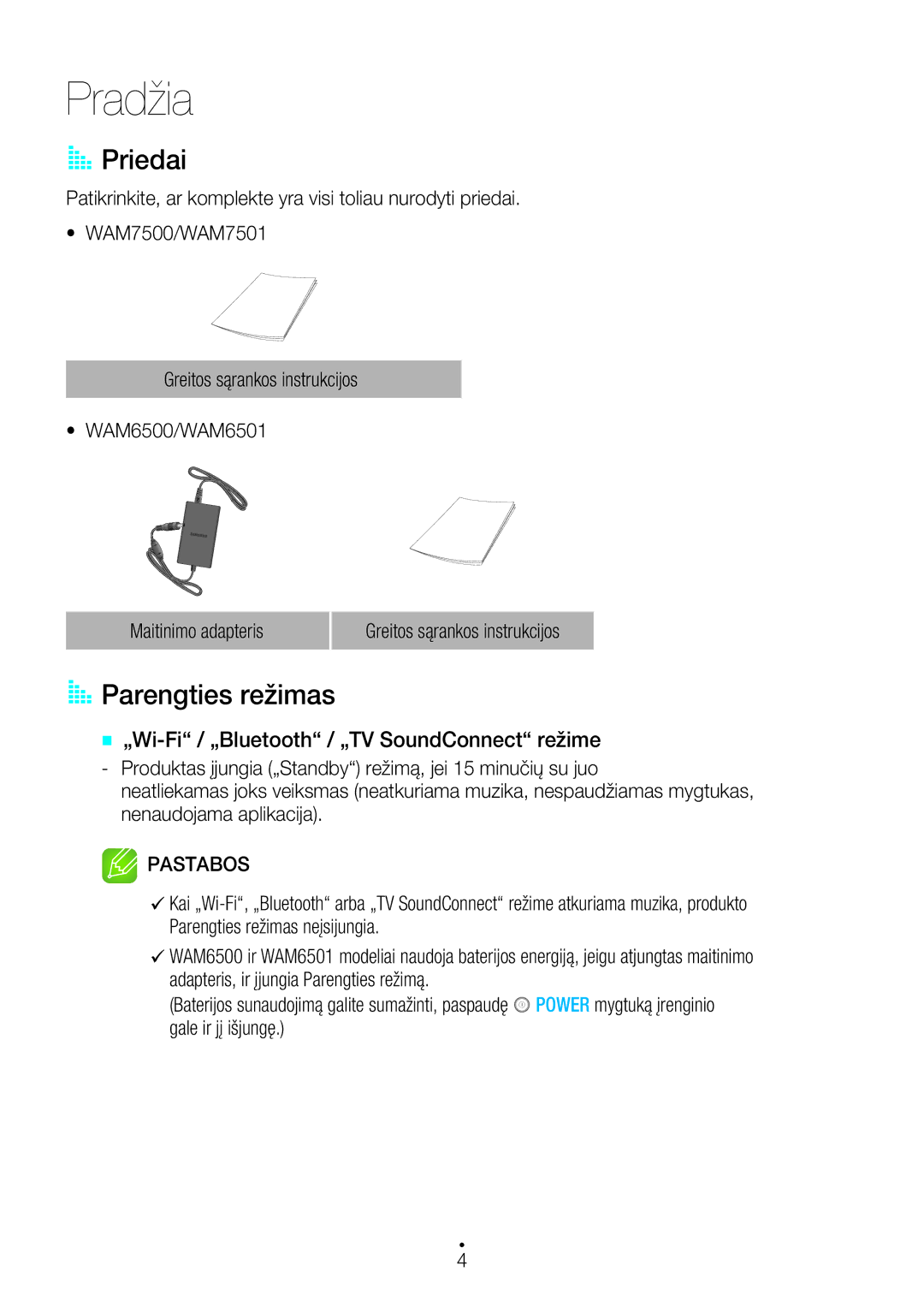 Samsung WAM7500/EN, WAM7501/EN manual Pradžia, Priedai, Parengties režimas 