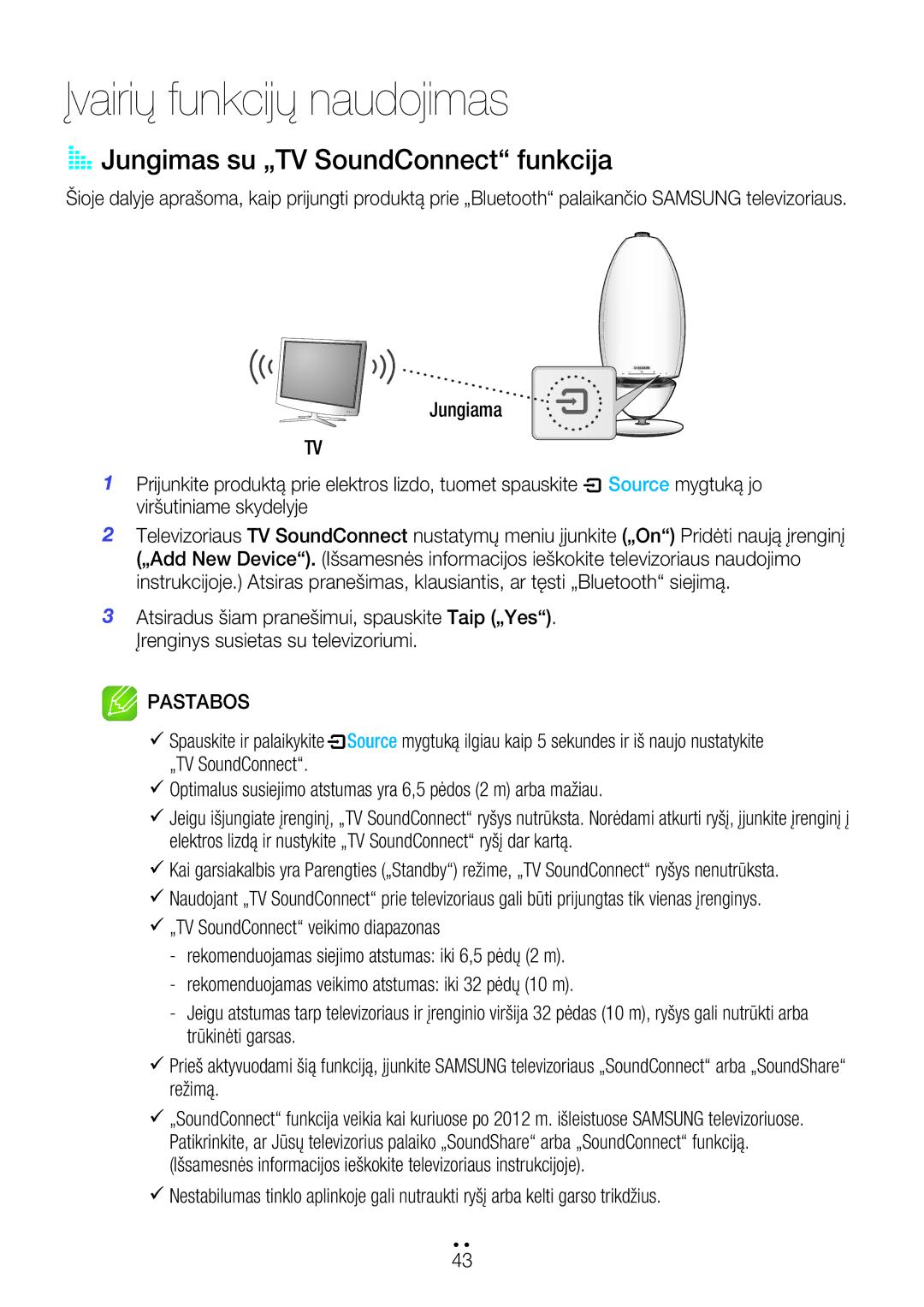 Samsung WAM7501/EN, WAM7500/EN manual Įvairių funkcijų naudojimas, Jungimas su „TV SoundConnect funkcija 