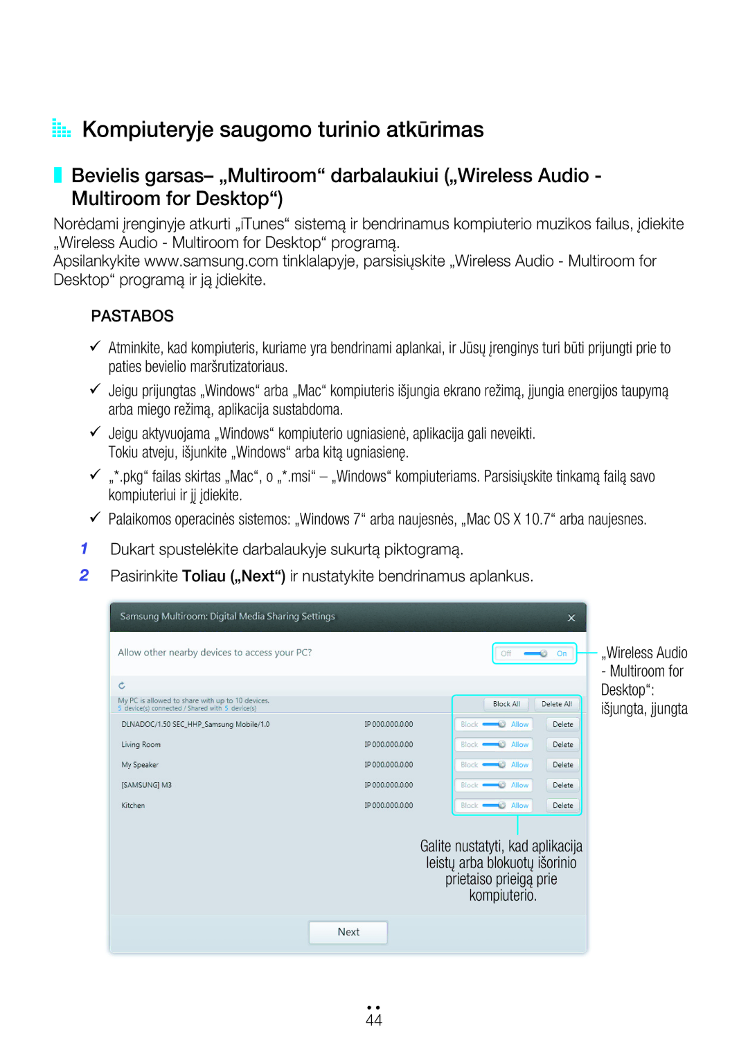 Samsung WAM7500/EN, WAM7501/EN manual Kompiuteryje saugomo turinio atkūrimas 