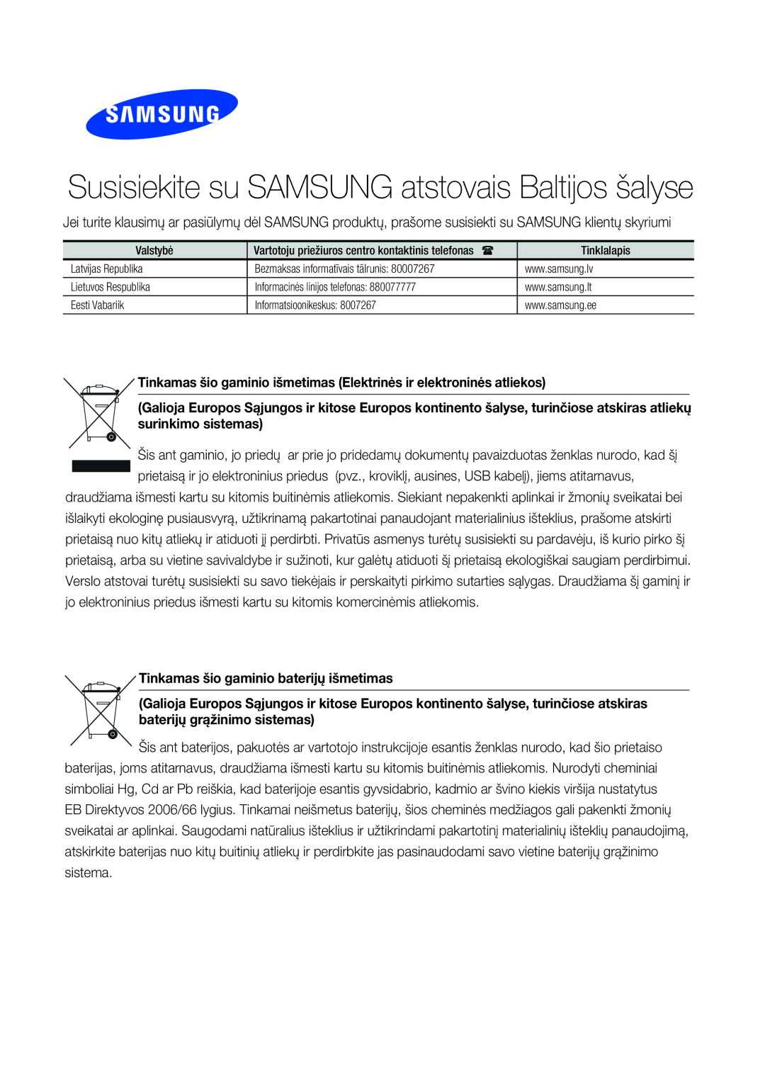 Samsung WAM7501/EN, WAM7500/EN manual Susisiekite su Samsung atstovais Baltijos šalyse 