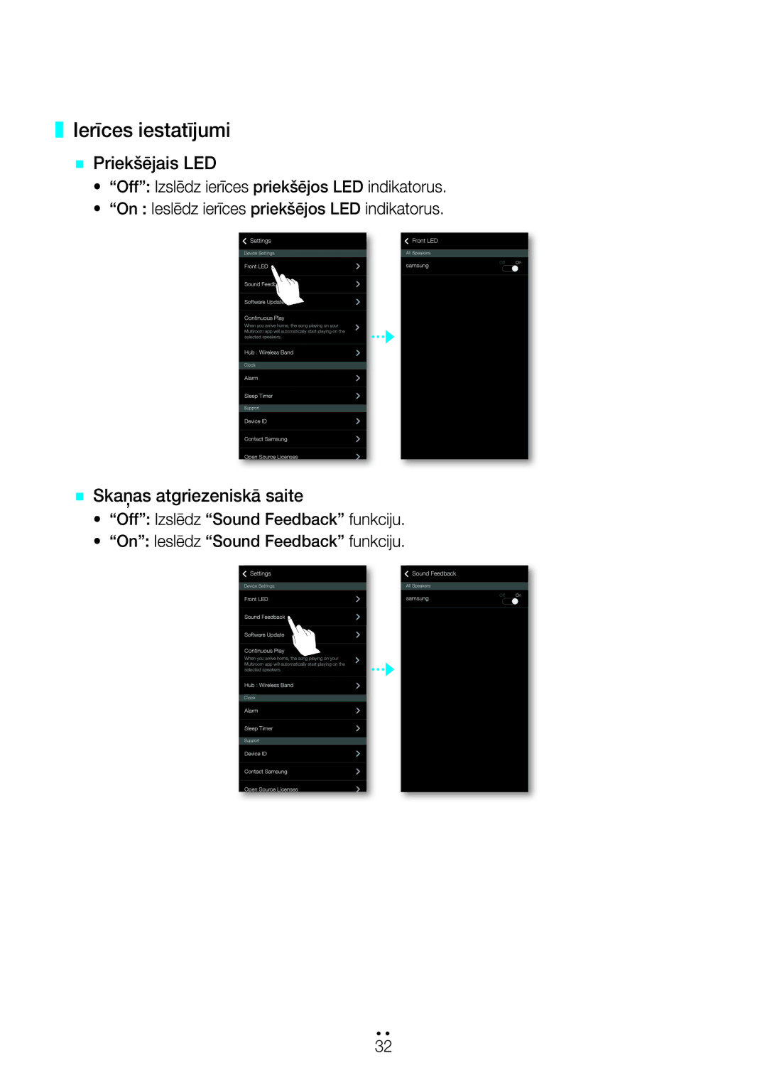Samsung WAM7500/EN, WAM7501/EN manual Ierīces iestatījumi, Priekšējos LED, Off Sound Feedback On Sound Feedback 